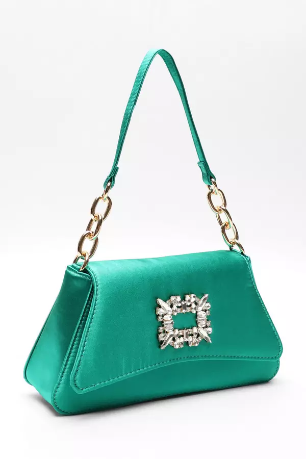 Green Satin Brooch Bag