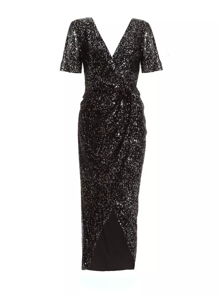 Petite Black Sequin Wrap Maxi Dress QUIZ Clothing