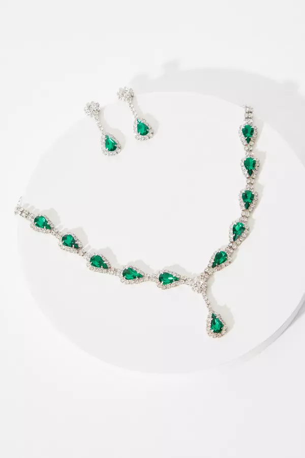 Green Diamante Drop Jewellery Set