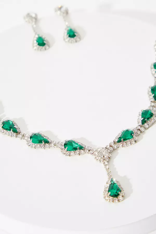 Green Diamante Drop Jewellery Set