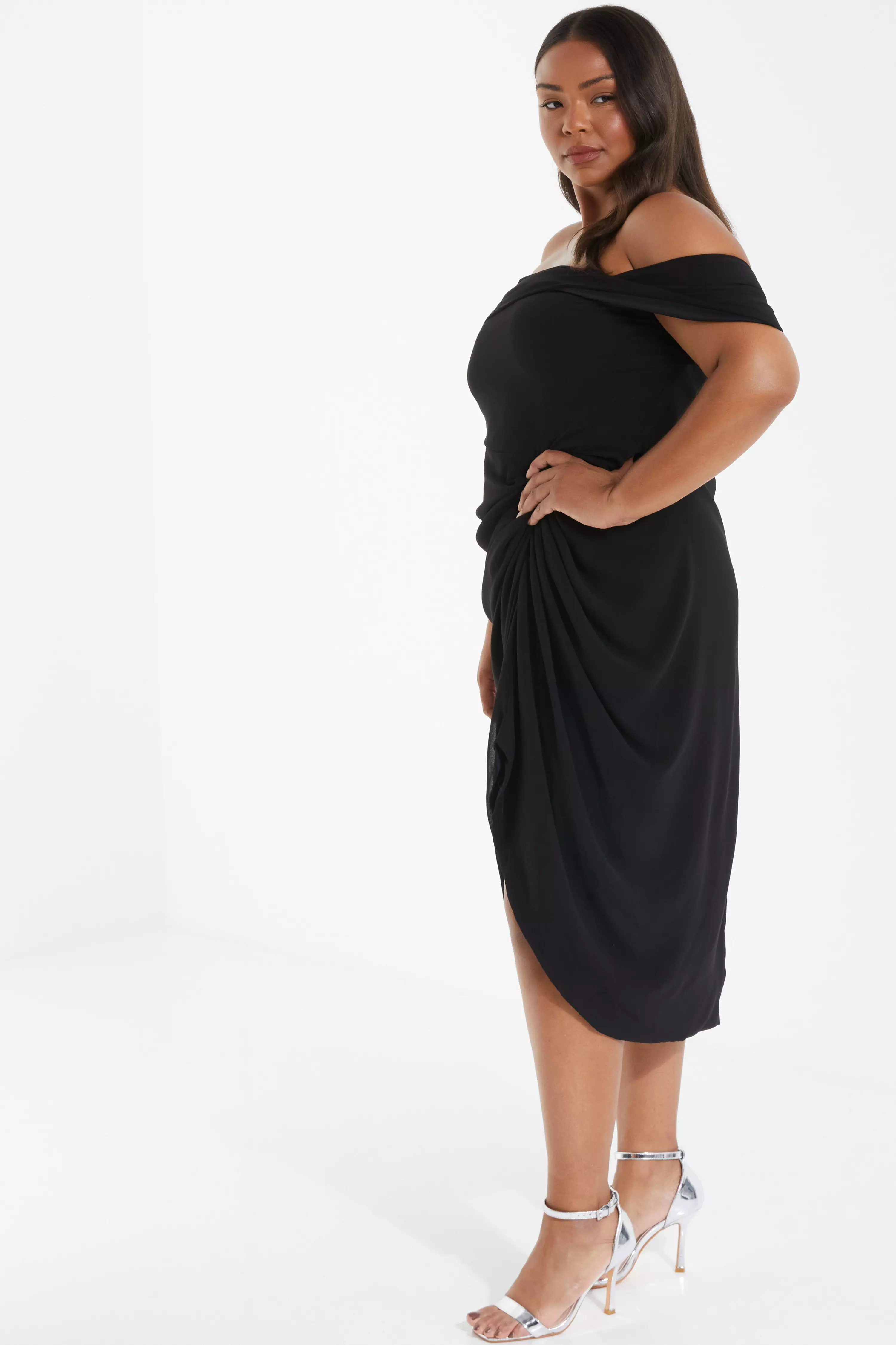 Curve Black Chiffon Bardot Midi Dress