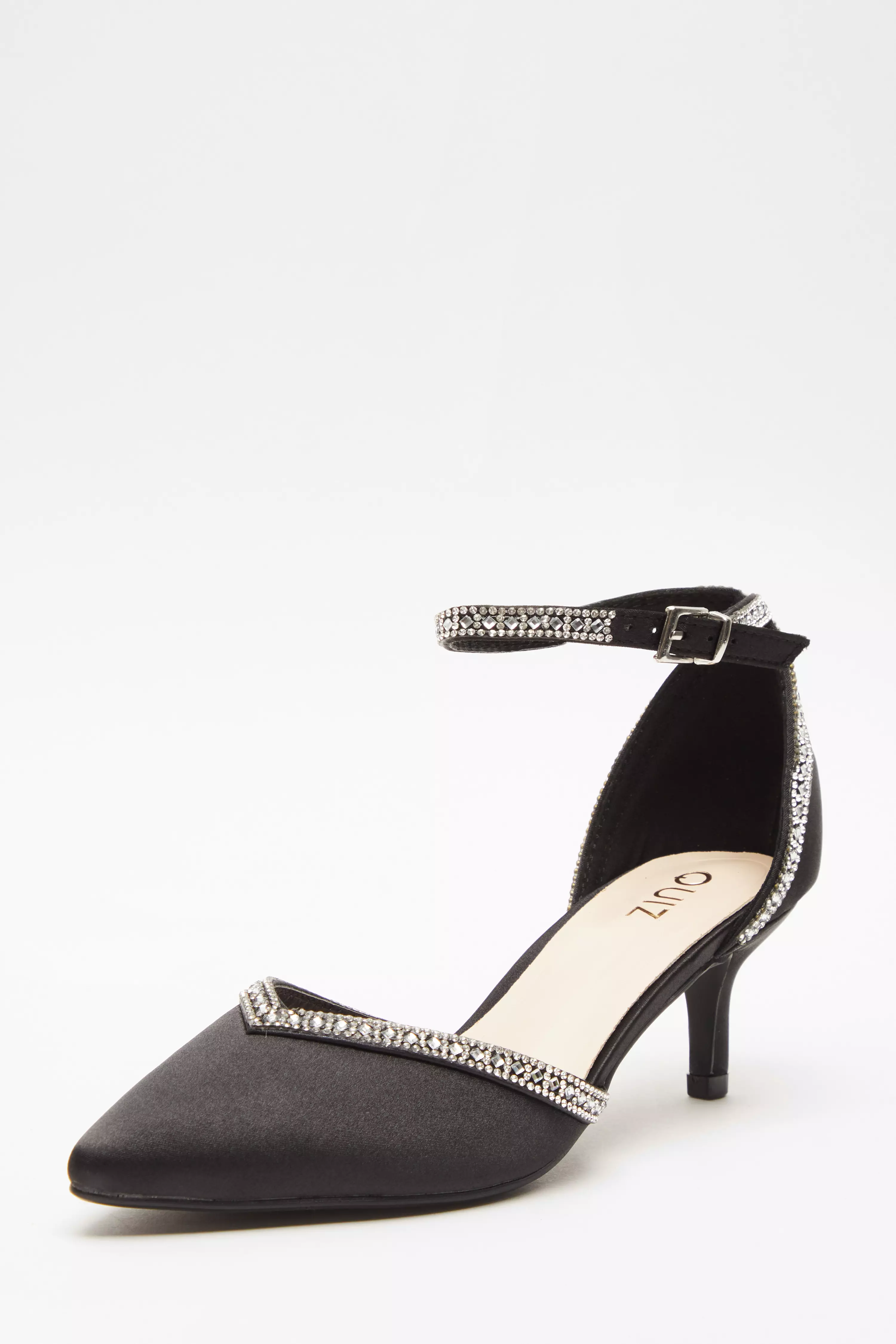 Black Satin Diamante Low Court Heels