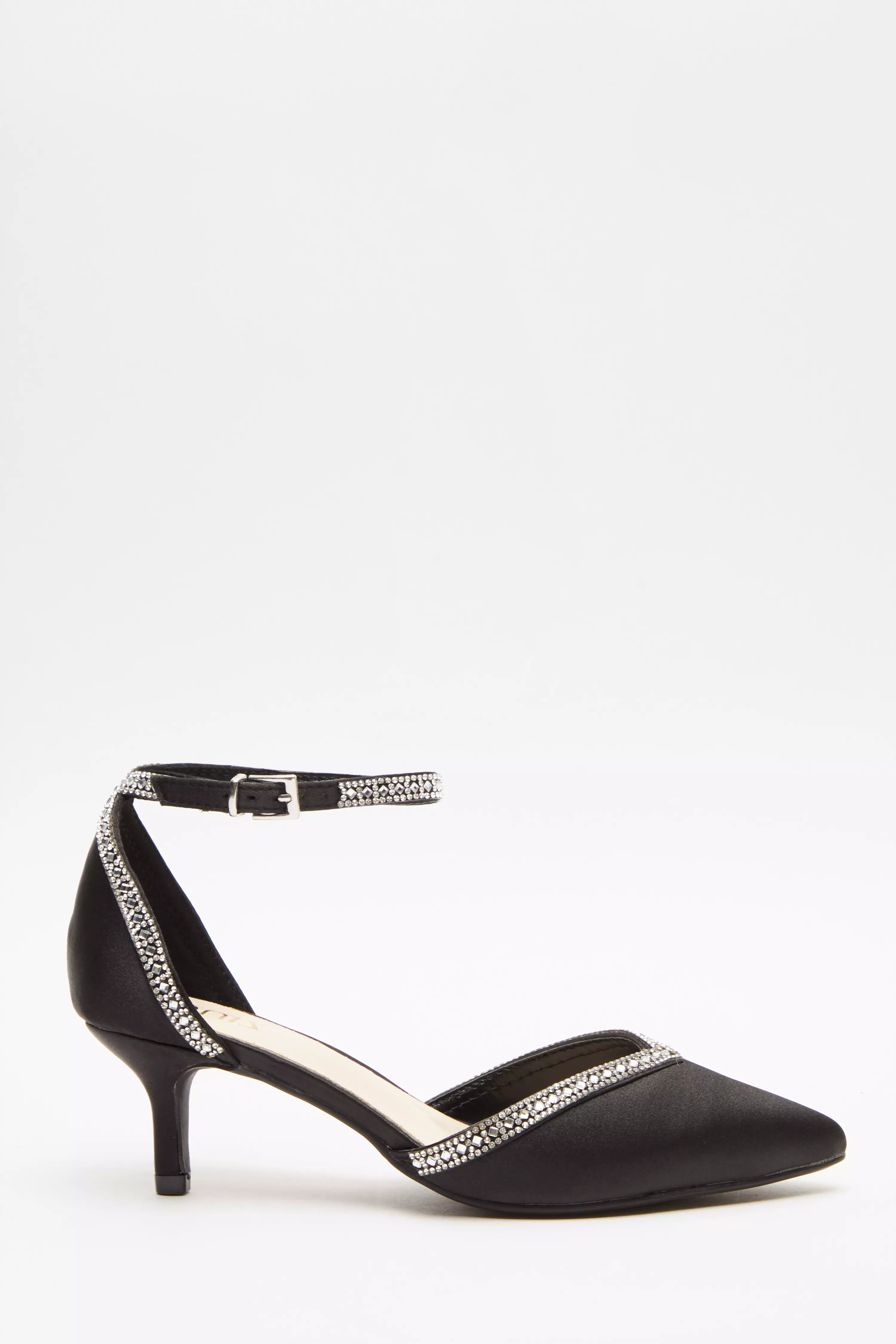 Black Satin Diamante Low Court Heels