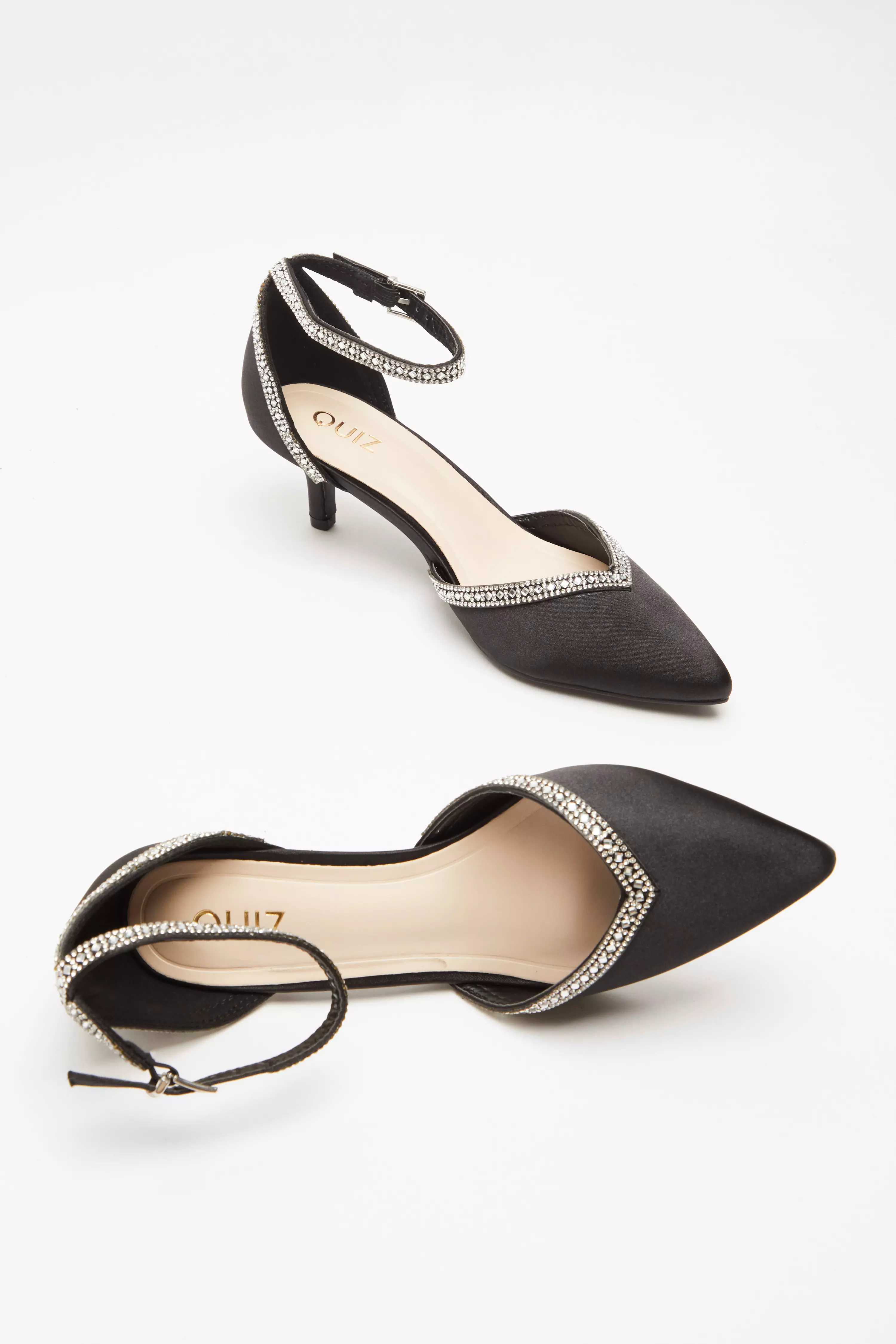 Black Satin Diamante Low Court Heels