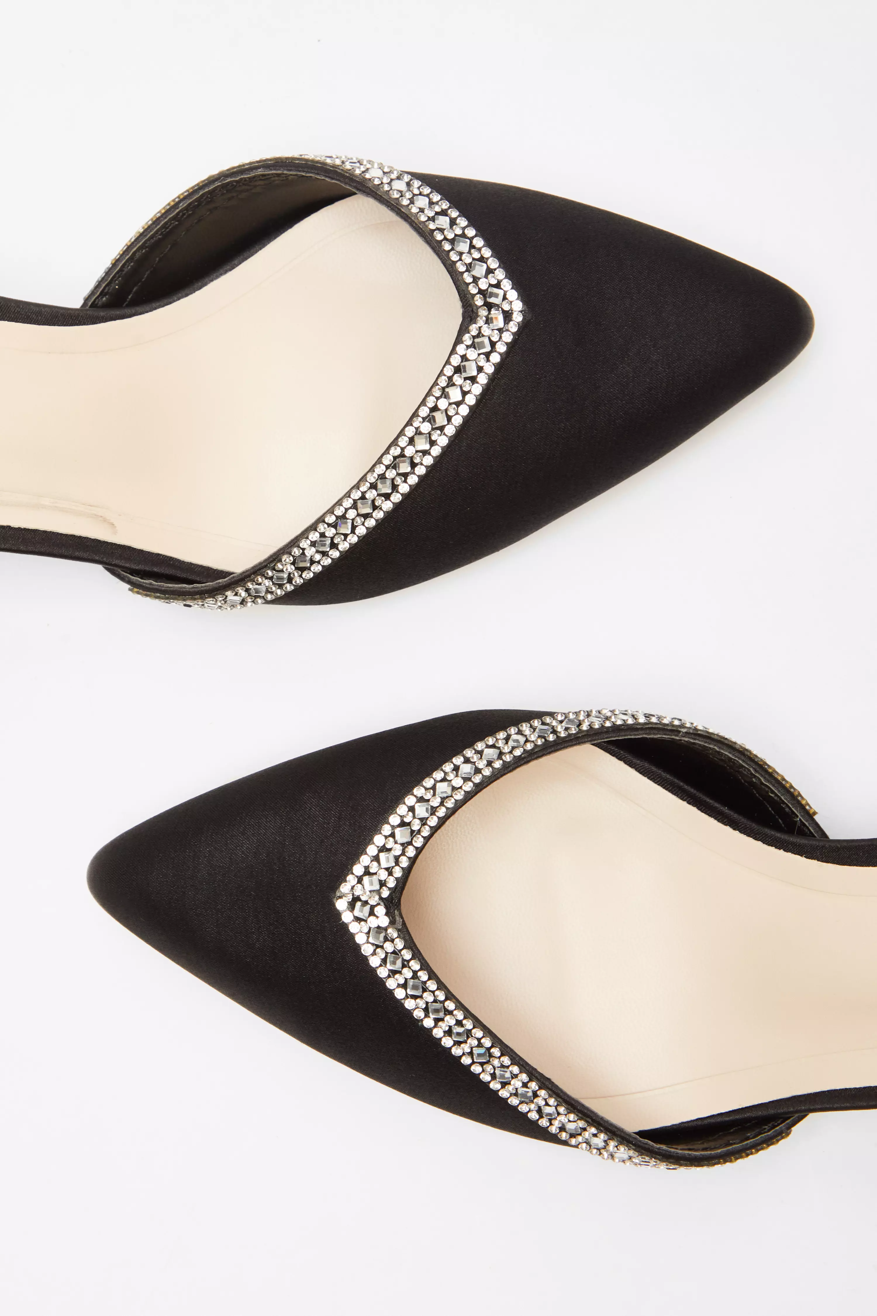 Black Satin Diamante Low Court Heels