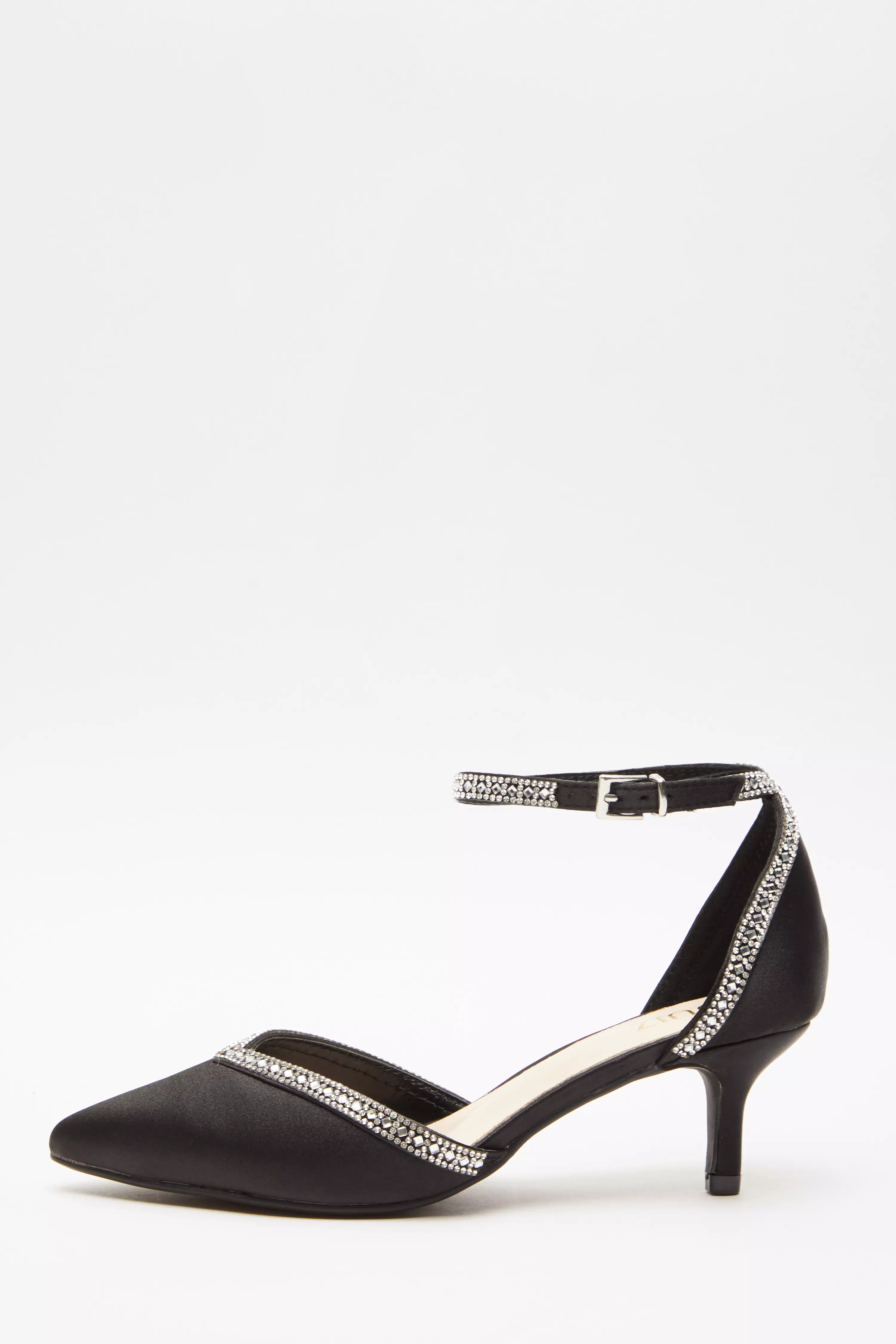 Black Satin Diamante Low Court Heels