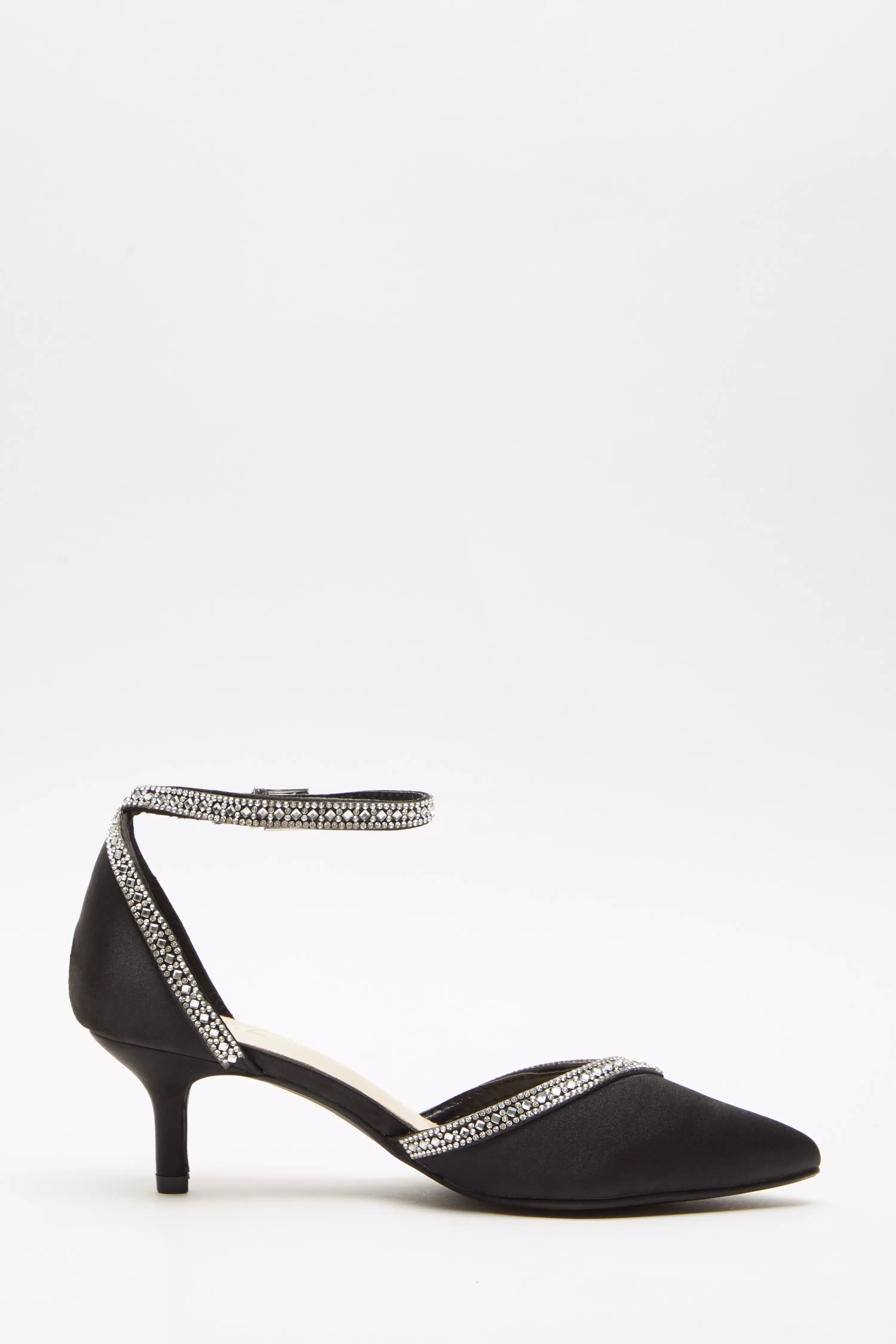 Black Satin Diamante Low Court Heels