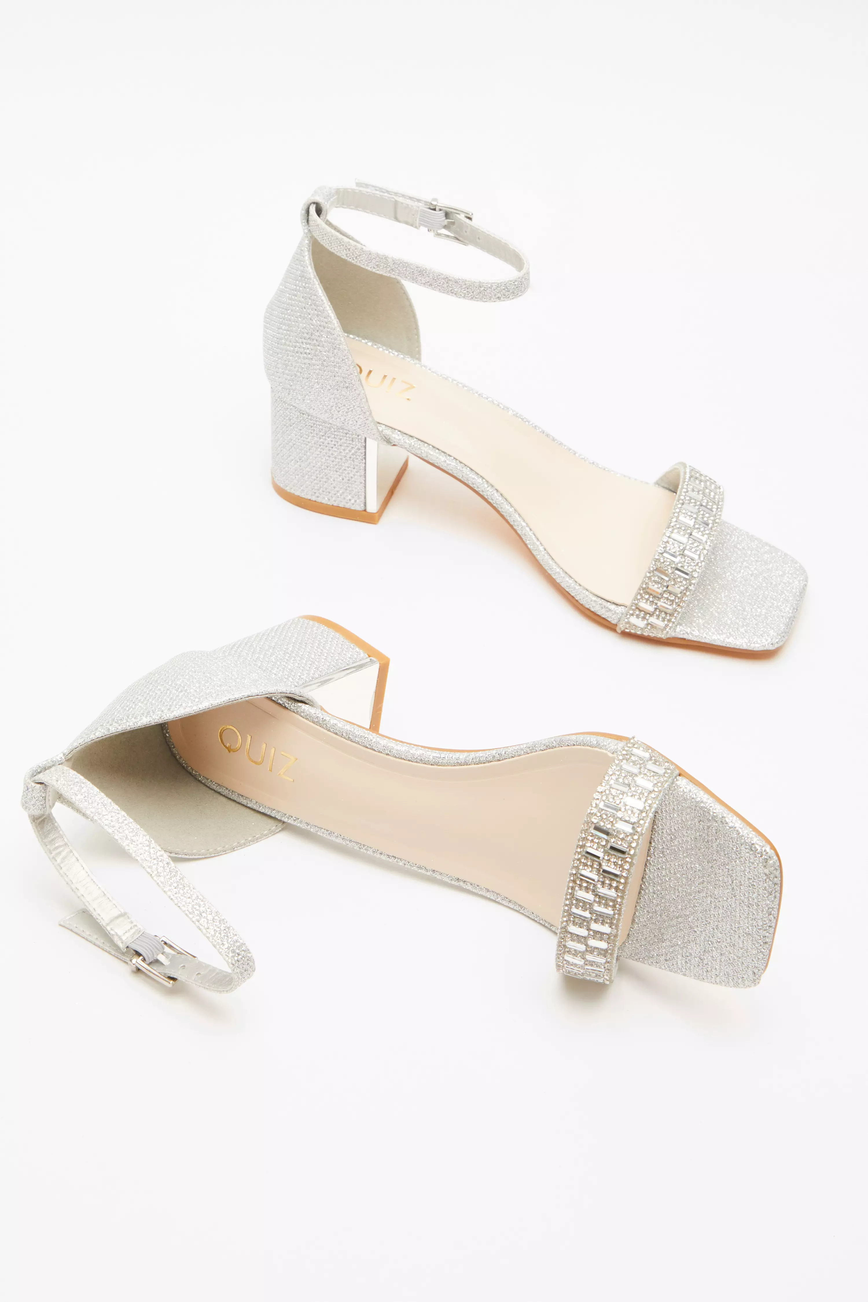 Silver Shimmer Low Block Heel Sandals