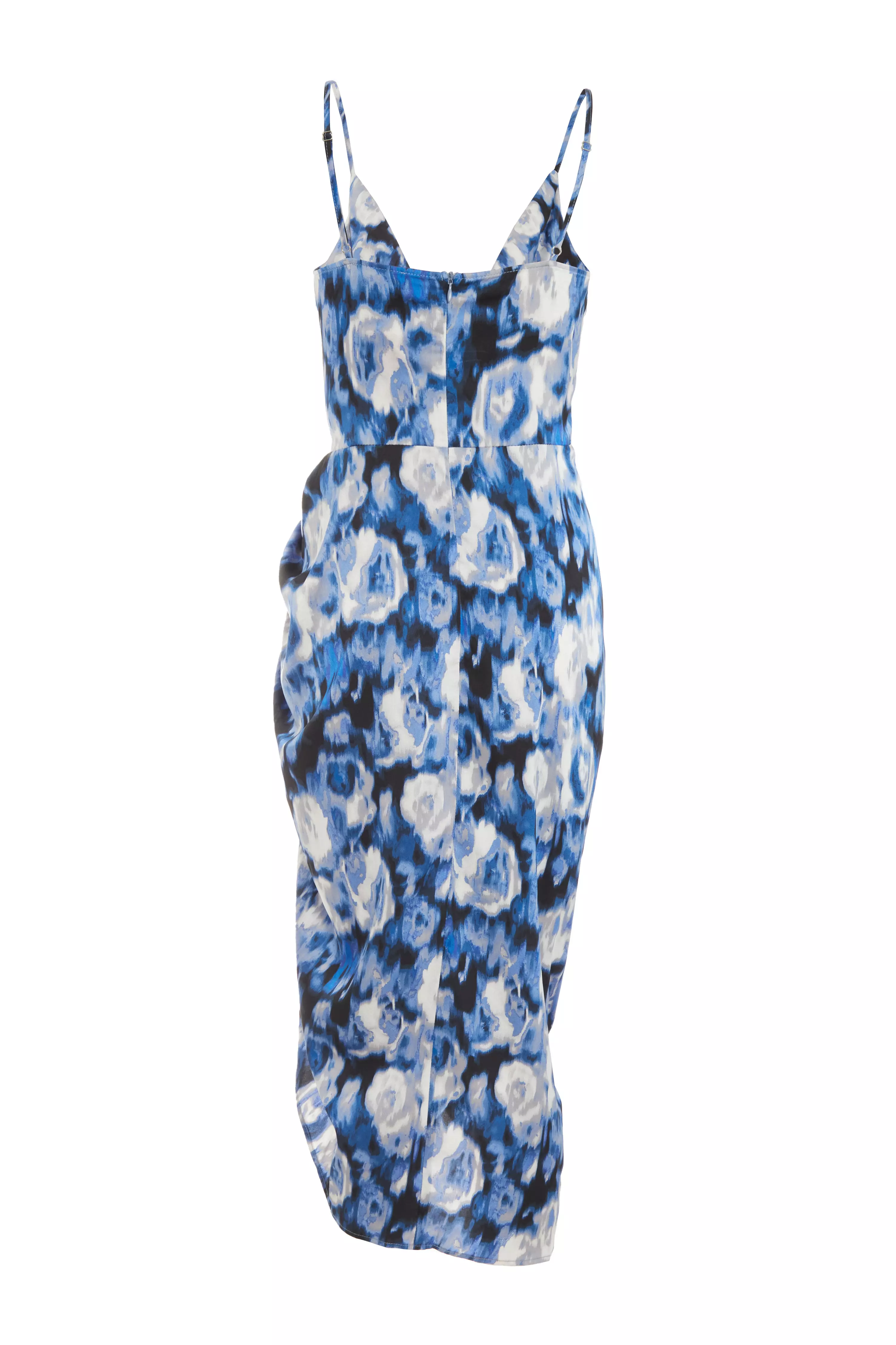 Blue Smudge Print Ruched Midi Dress