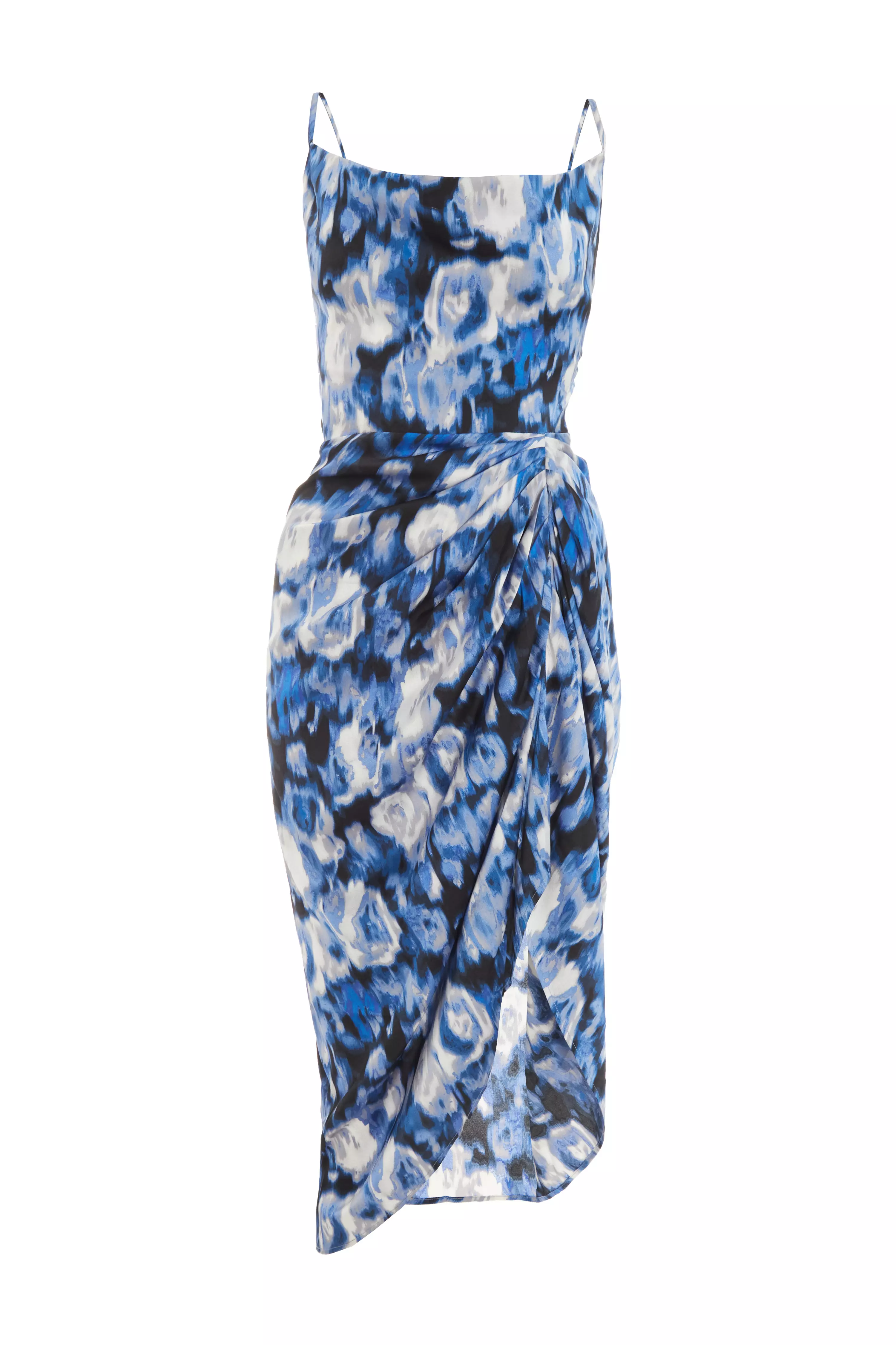 Blue Smudge Print Ruched Midi Dress