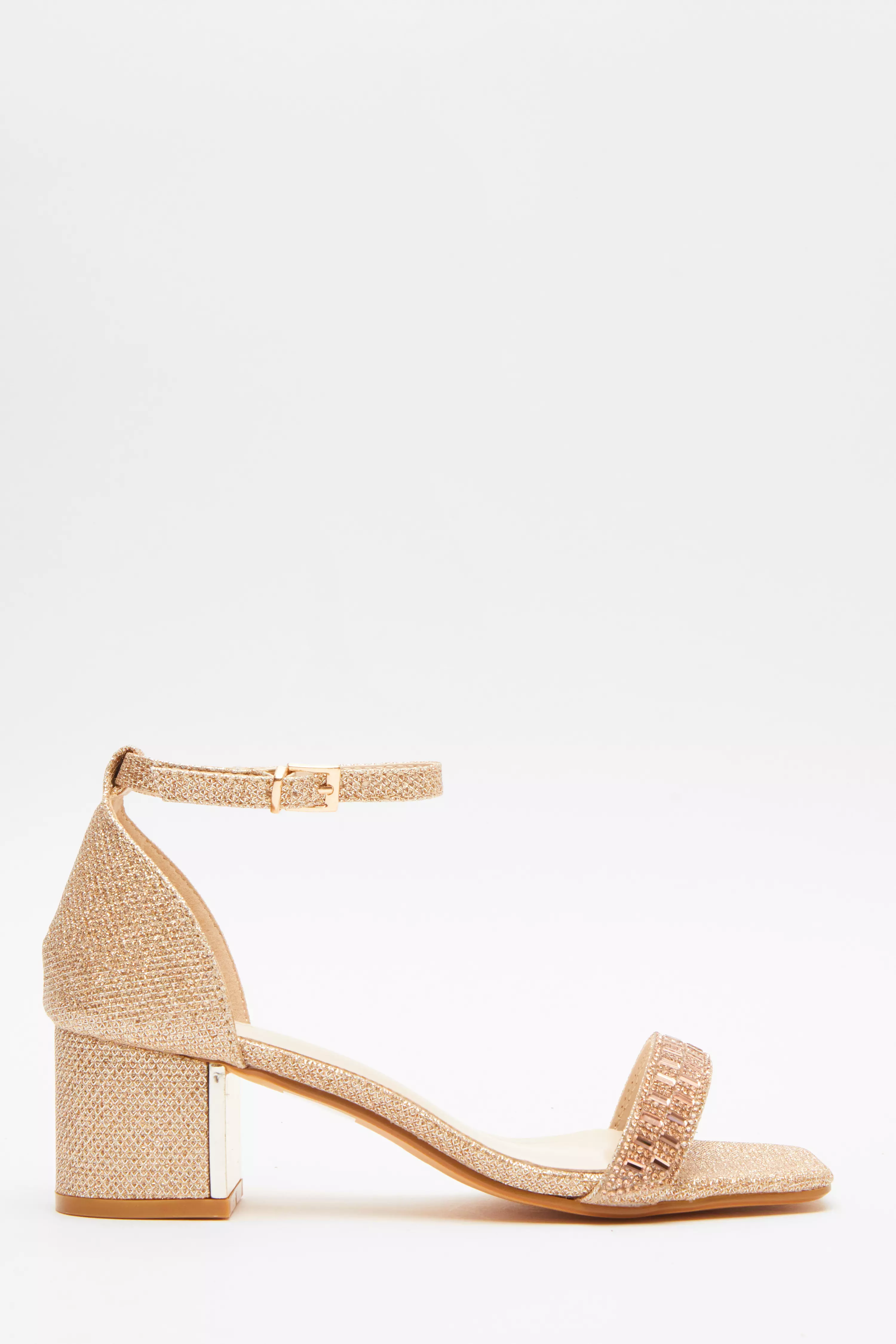 Rose Gold Shimmer Low Block Heel Sandals