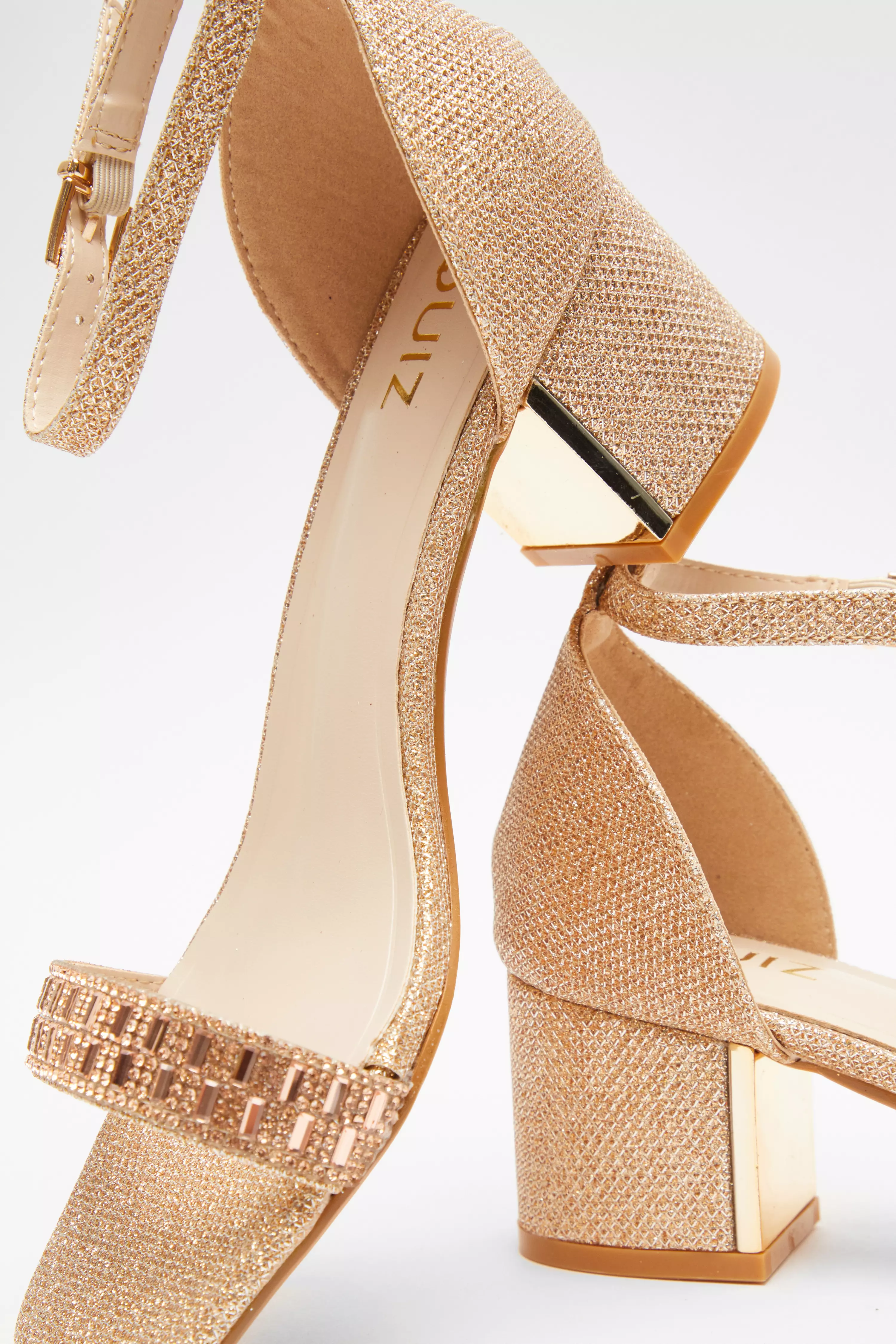 Rose Gold Shimmer Low Block Heel Sandals