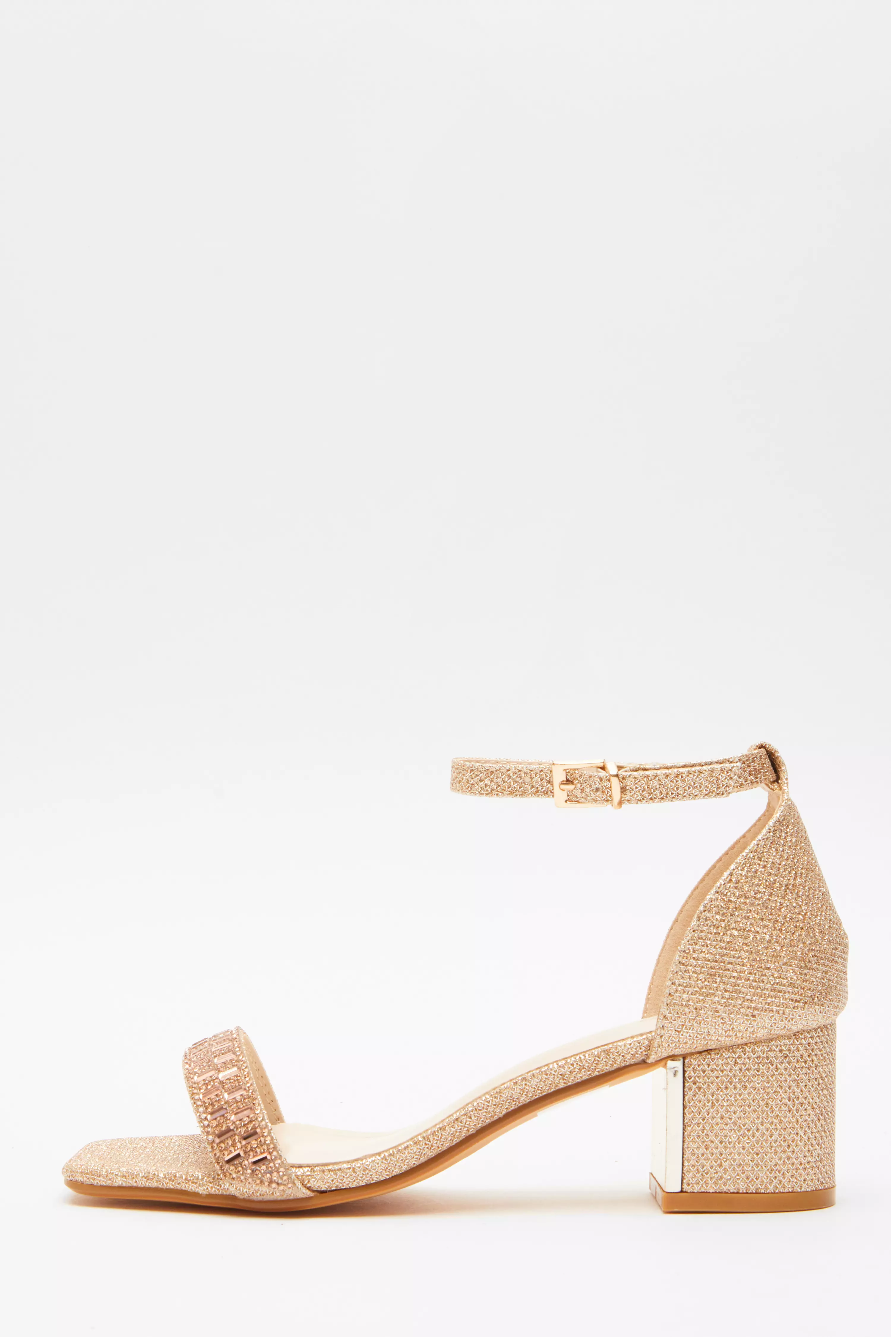 Rose Gold Shimmer Low Block Heel Sandals