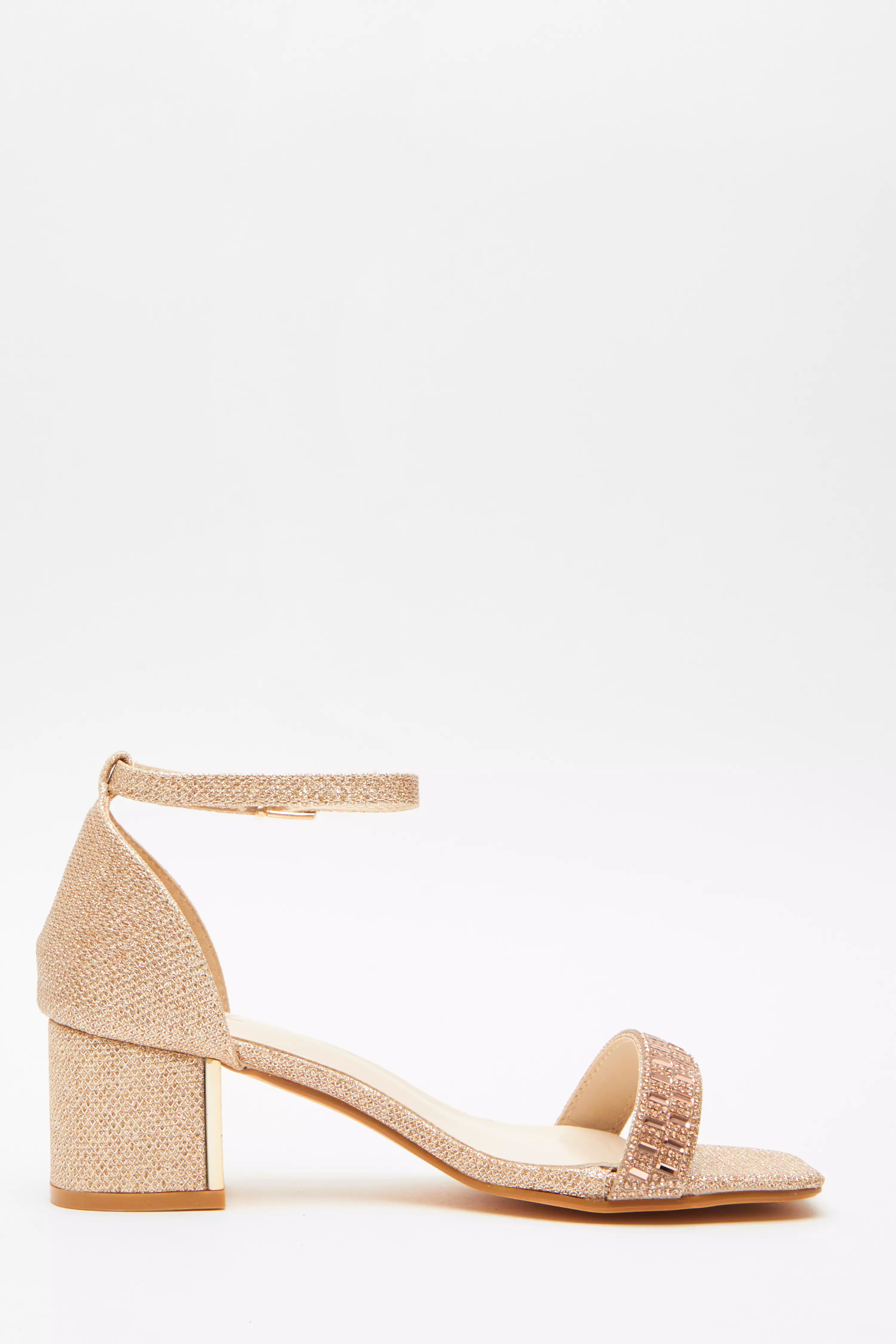 Rose Gold Shimmer Low Block Heel Sandals