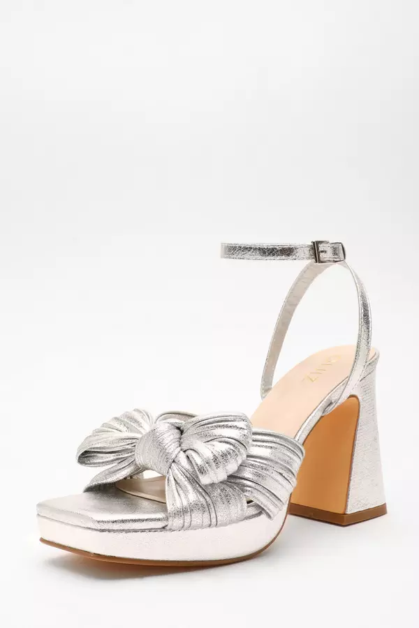 Silver Foil Bow Front Platform Heeled Sandals