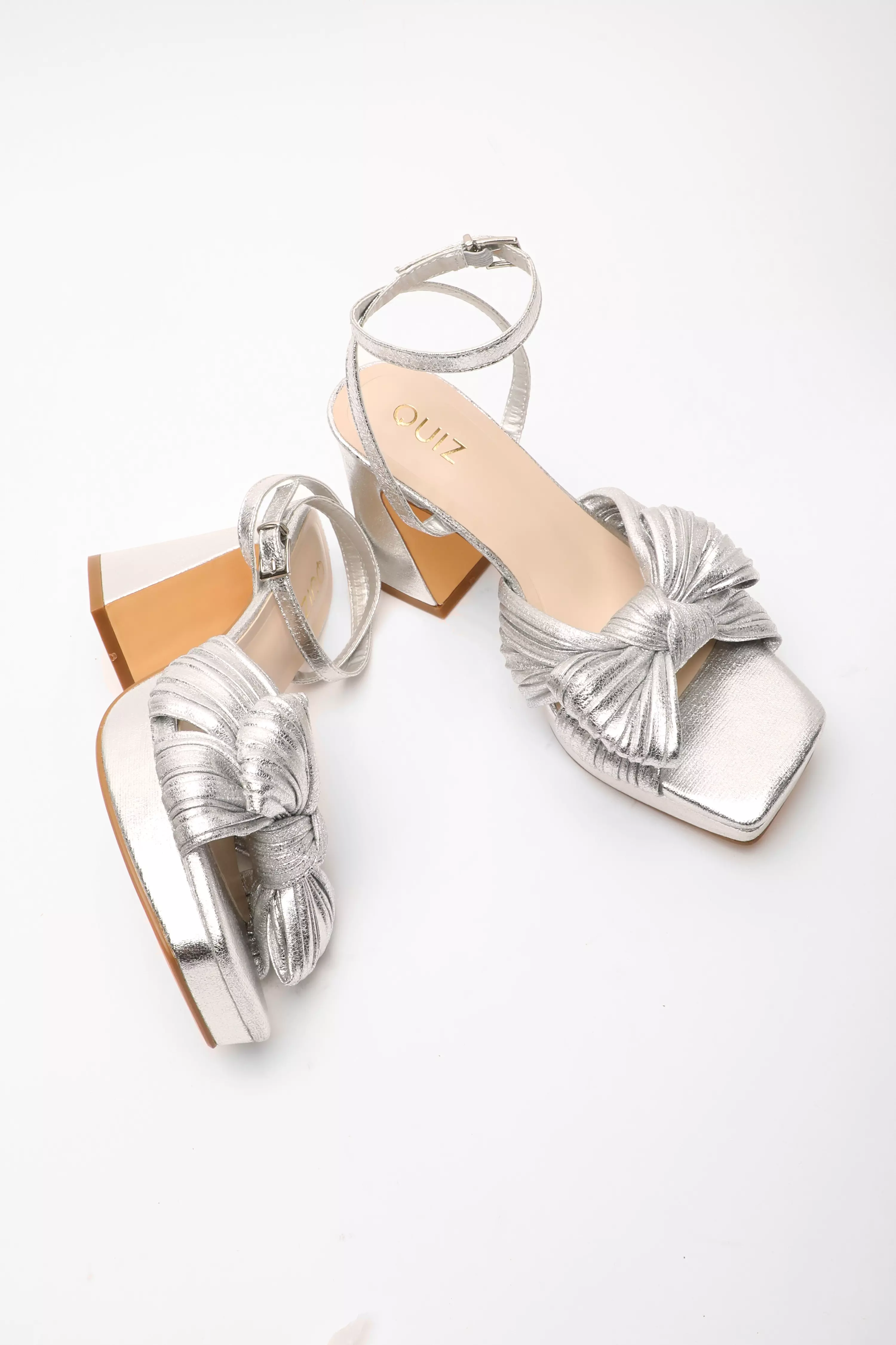 Silver Foil Bow Front Platform Heeled Sandals