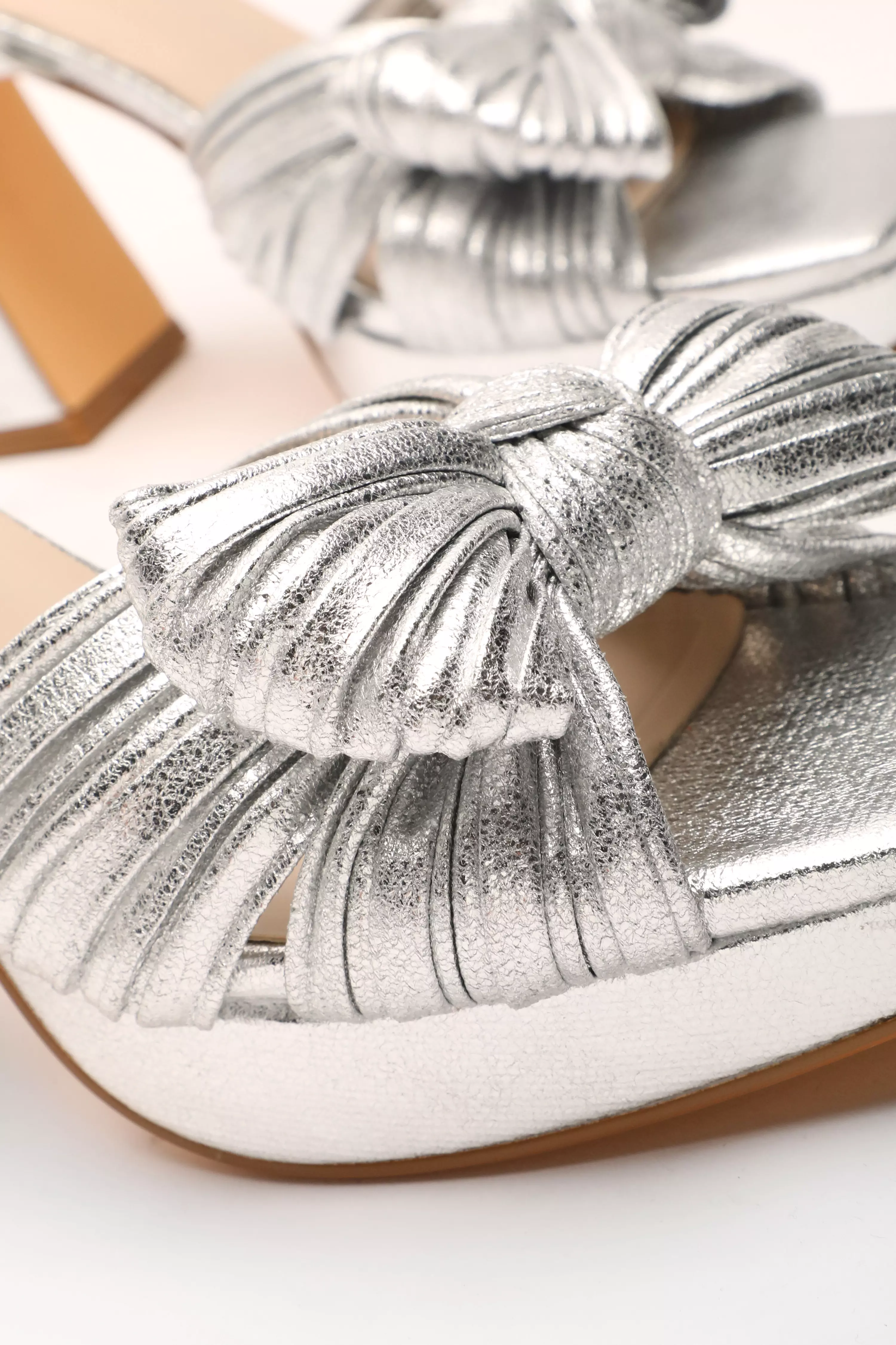 Silver Foil Bow Front Platform Heeled Sandals