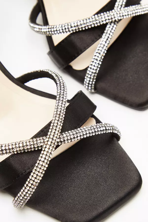 Black Satin Diamante Block Heeled Sandals