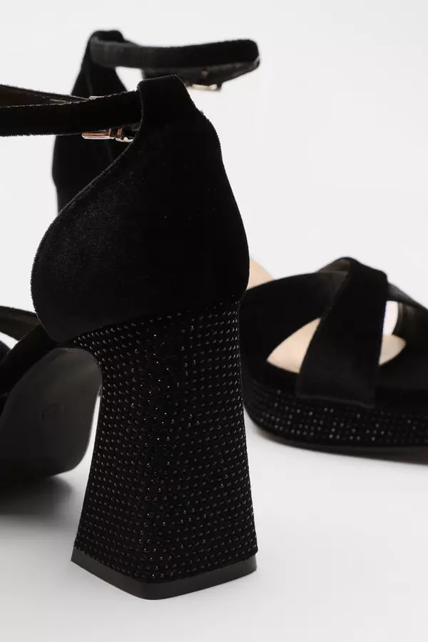 Black Velvet Diamante Platform Heels