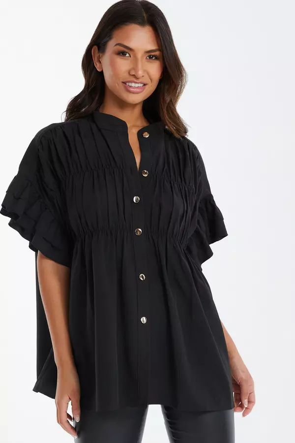 Black Button Ruched Blouse