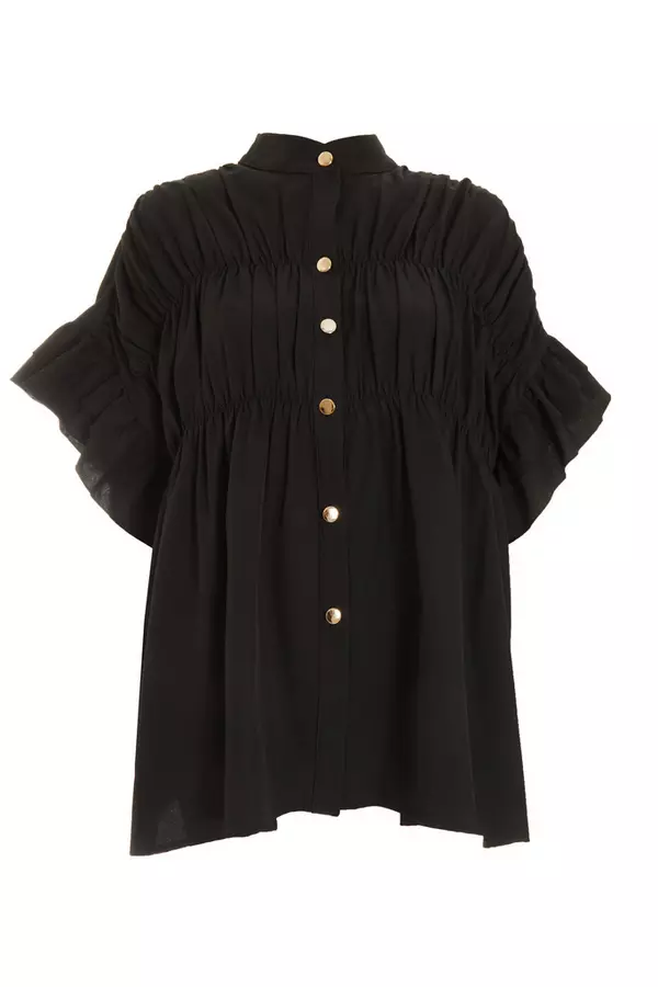 Black Button Ruched Blouse