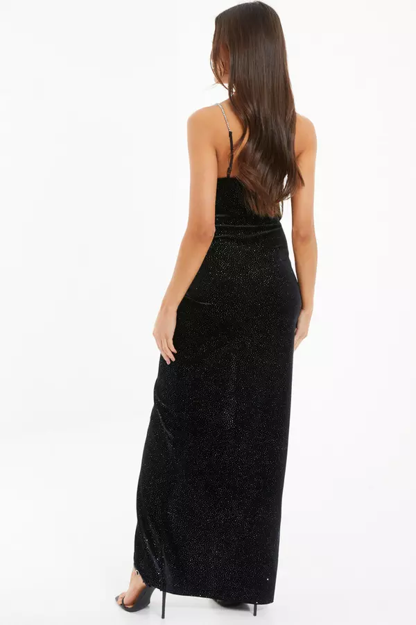 Black Glitter Velvet Wrap Maxi Dress