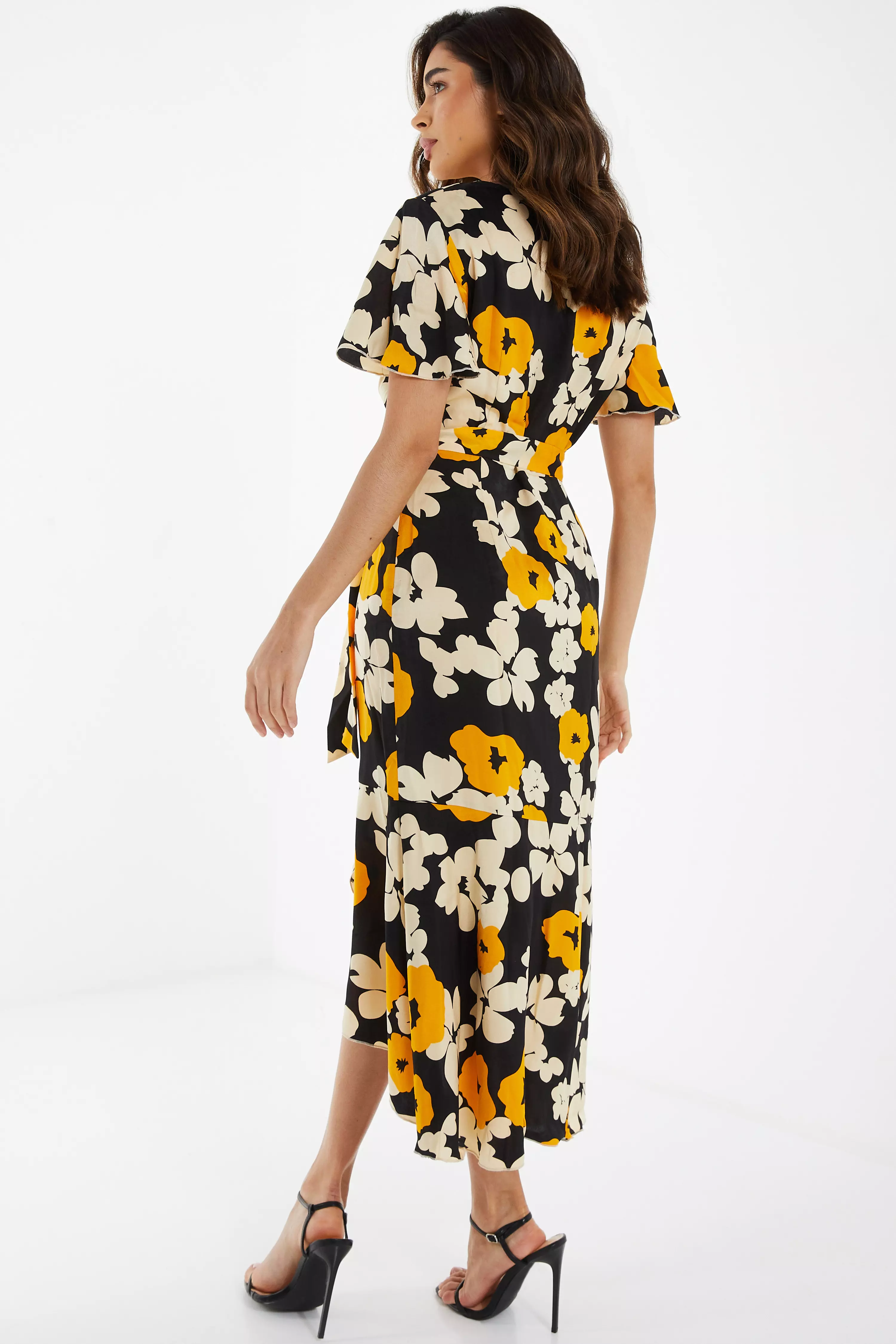 Black Floral Satin Wrap Midi Dress