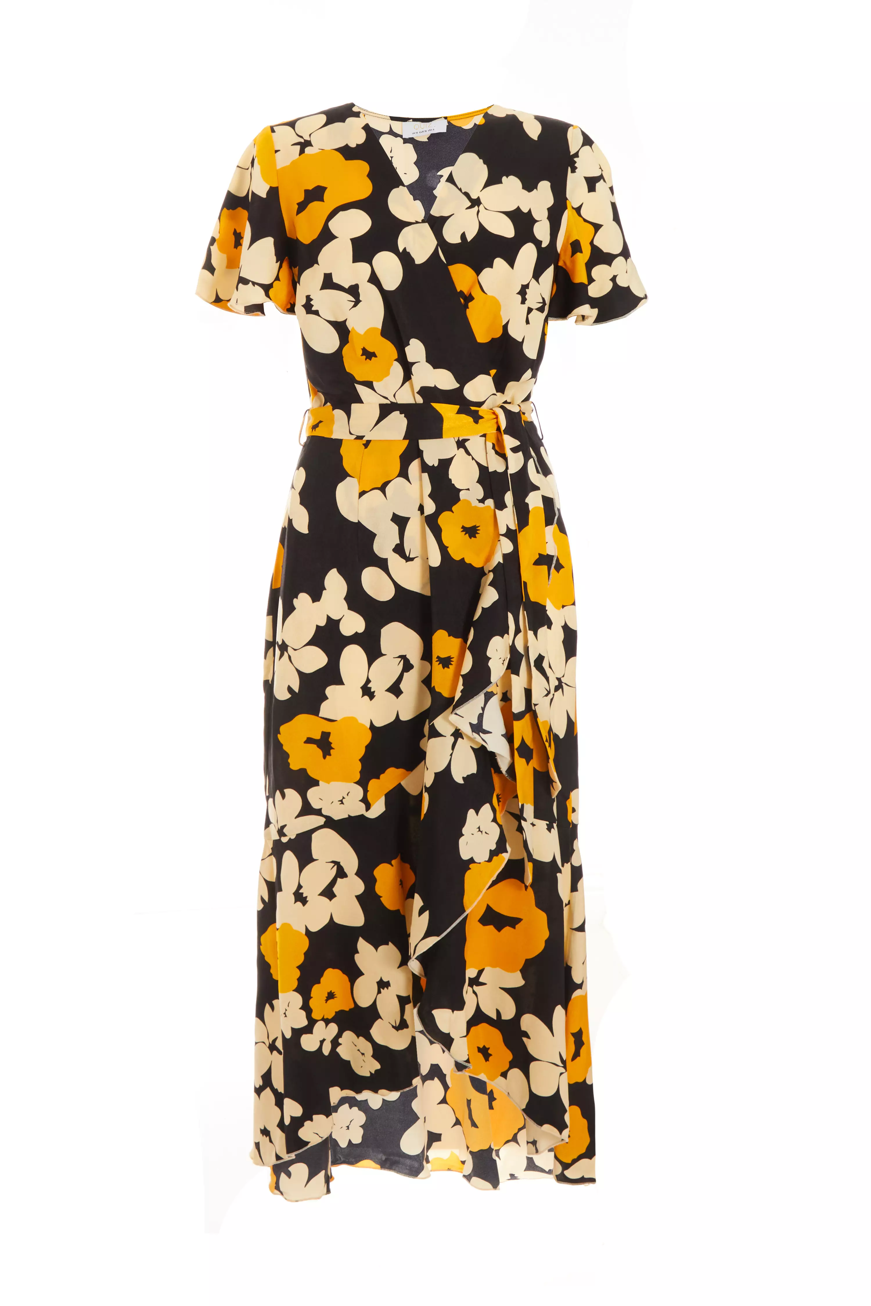 Black Floral Satin Wrap Midi Dress