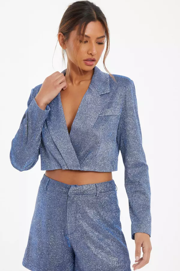 Blue Glitter Cropped Tailored Blazer