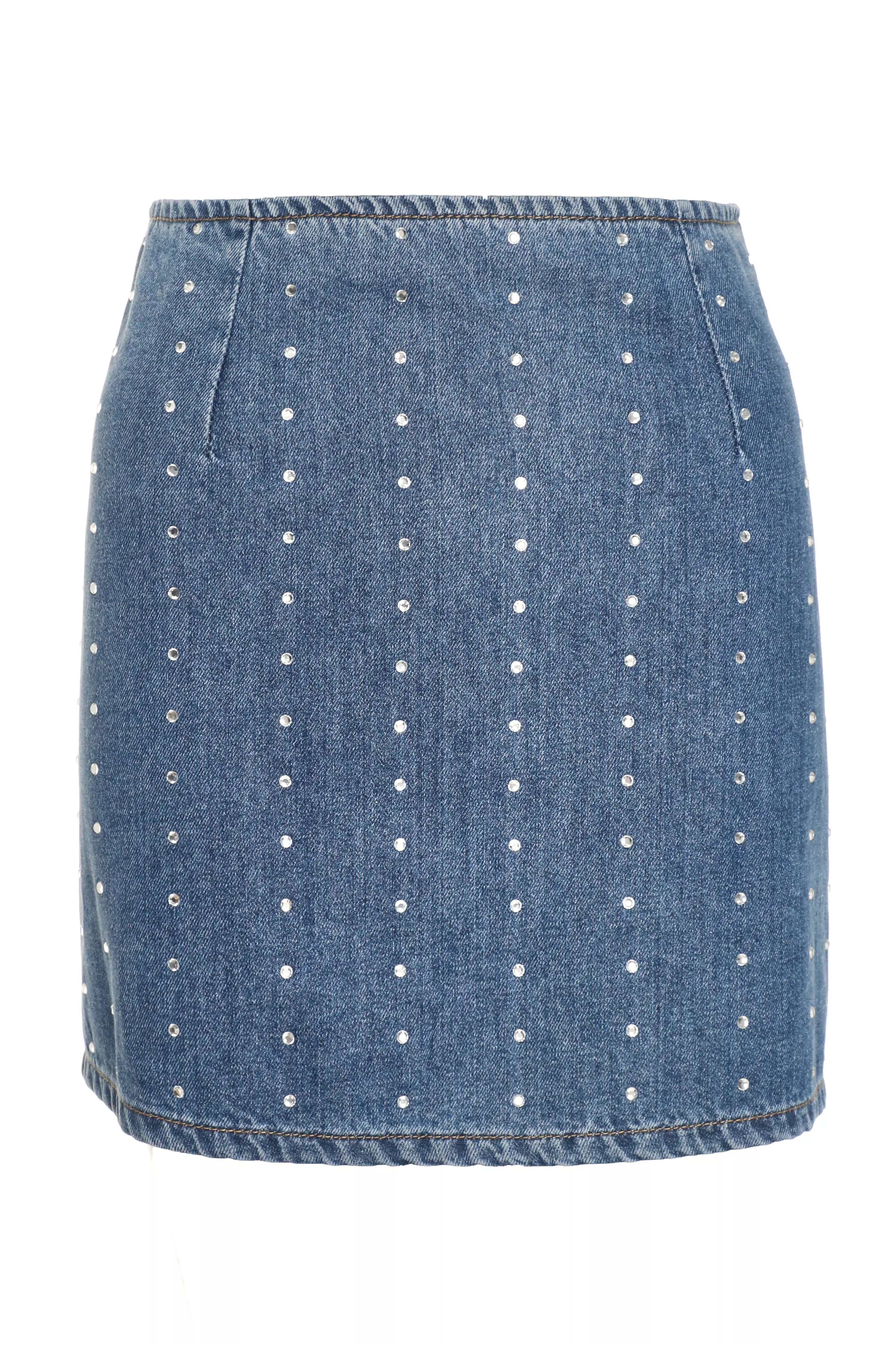 Blue Denim Embellished Mini Skirt