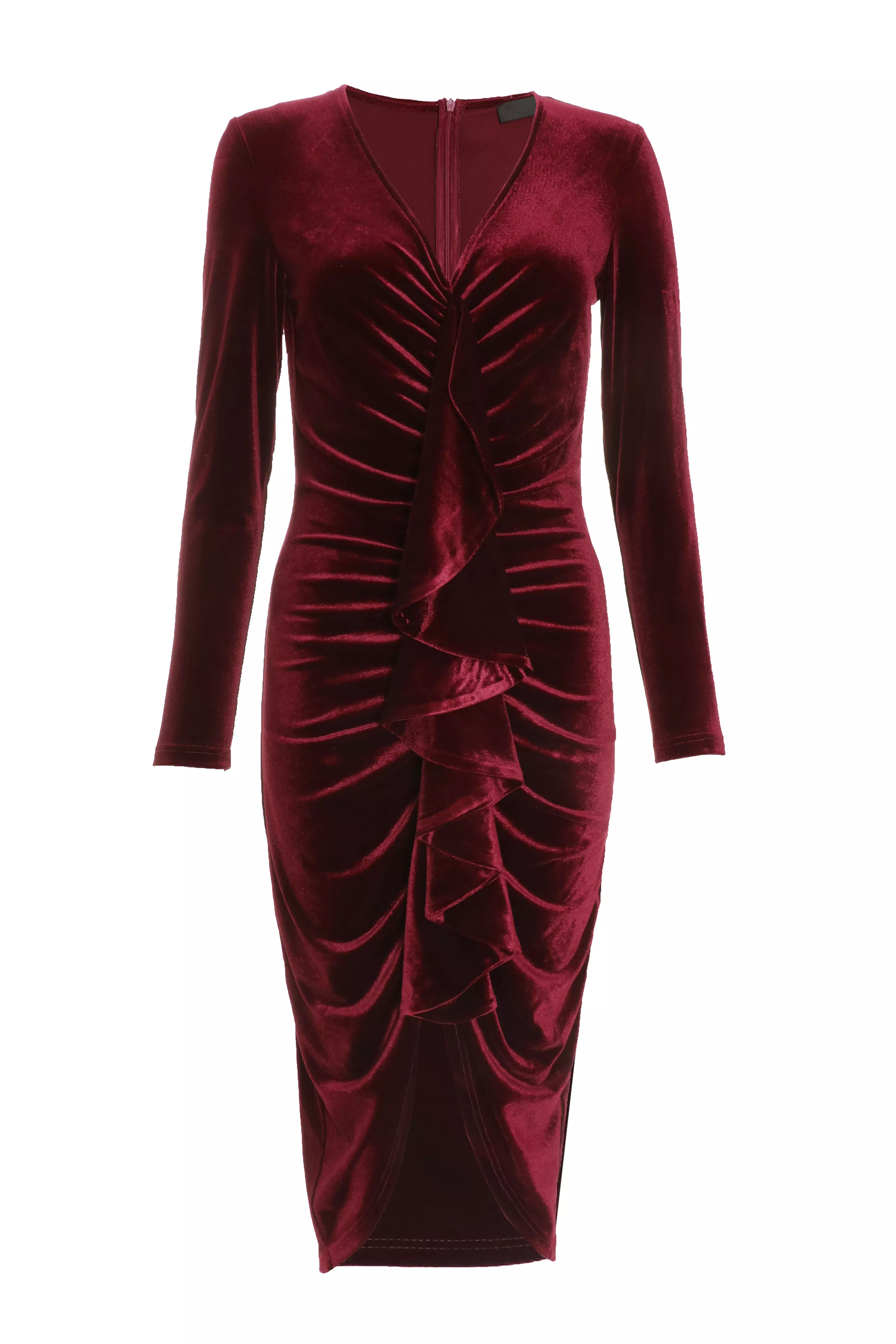 Dark Red Velvet Frill Midi Dress