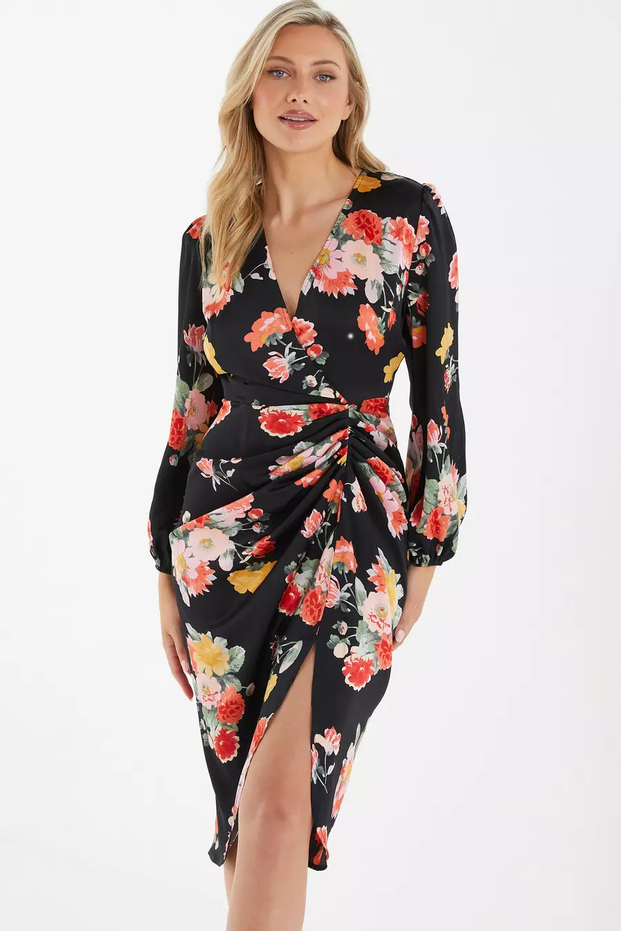 Black Floral Wrap Midi Dress QUIZ Clothing