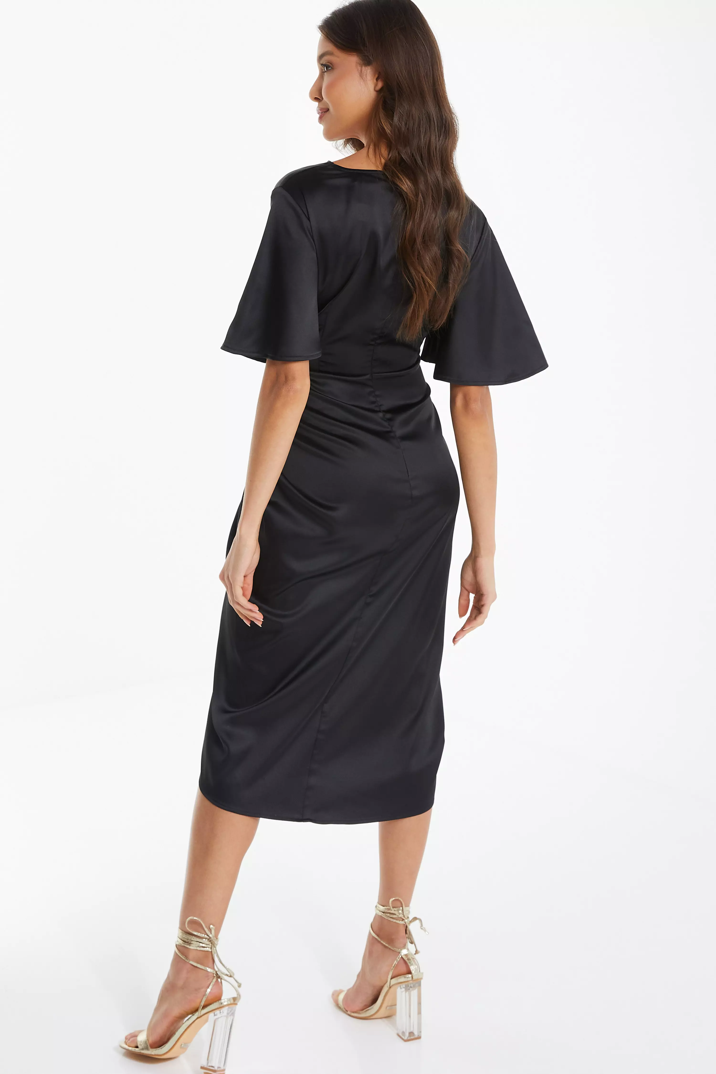 Black Satin Wrap Ruched Midi Dress