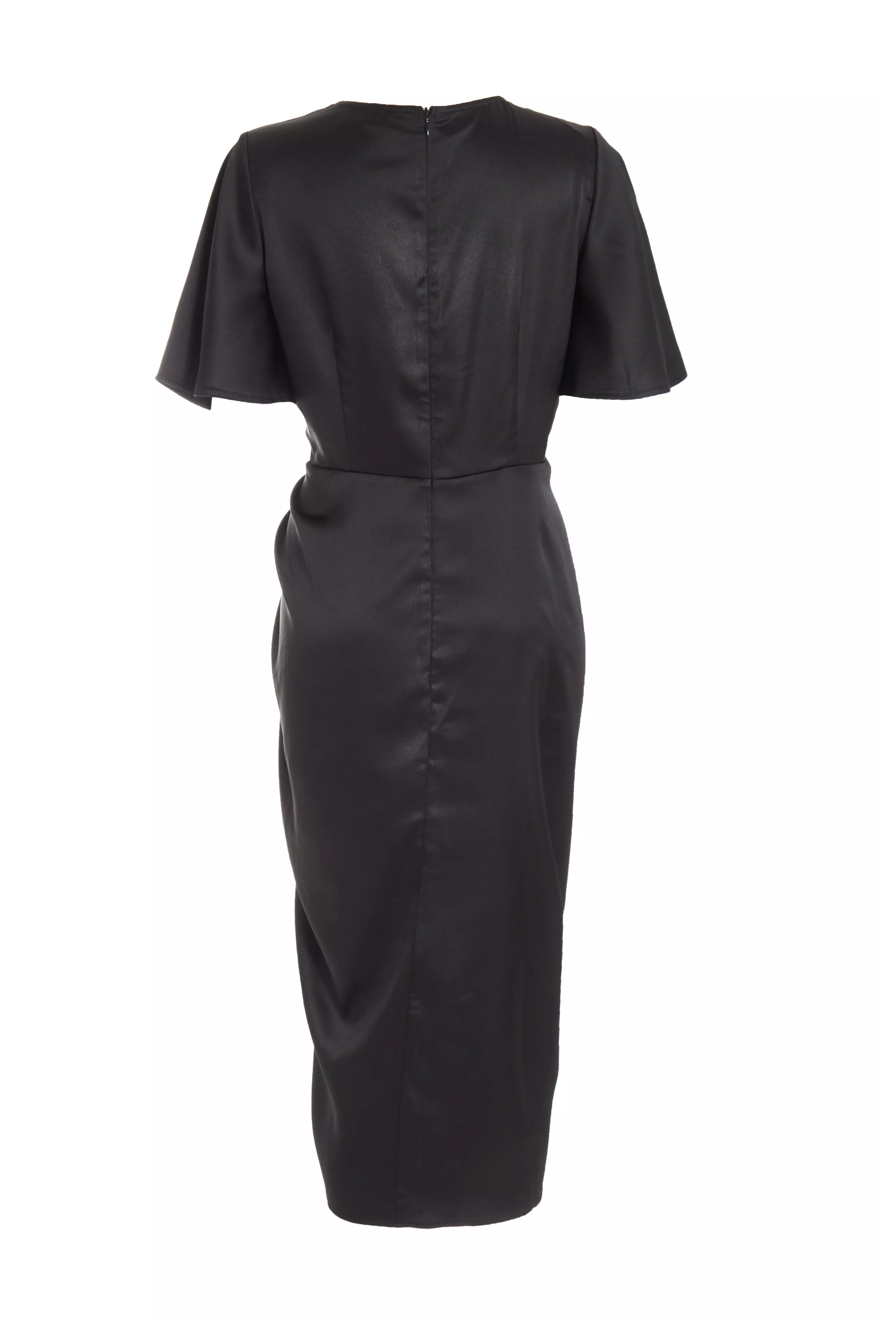 Black Satin Wrap Ruched Midi Dress