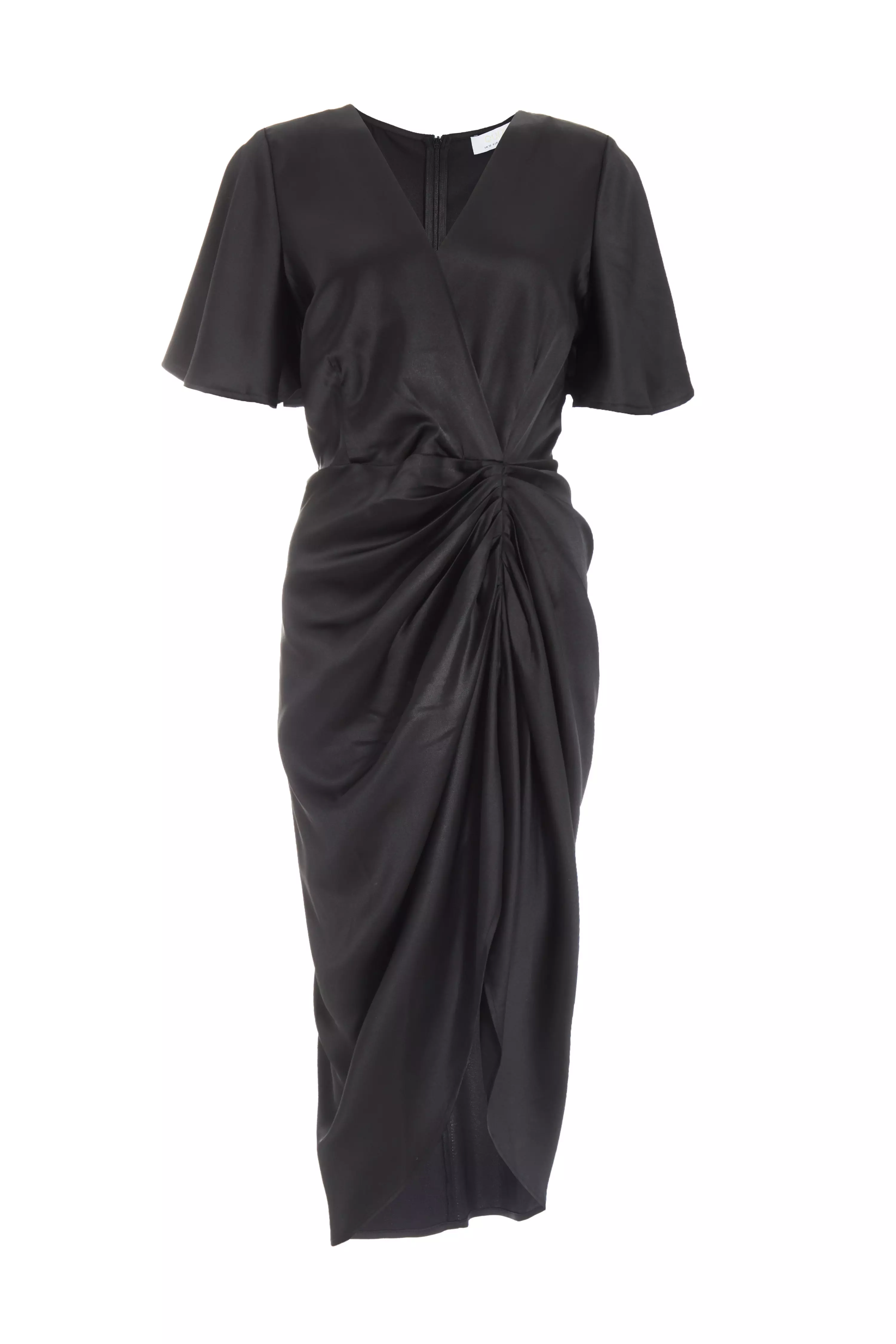 Black Satin Wrap Ruched Midi Dress