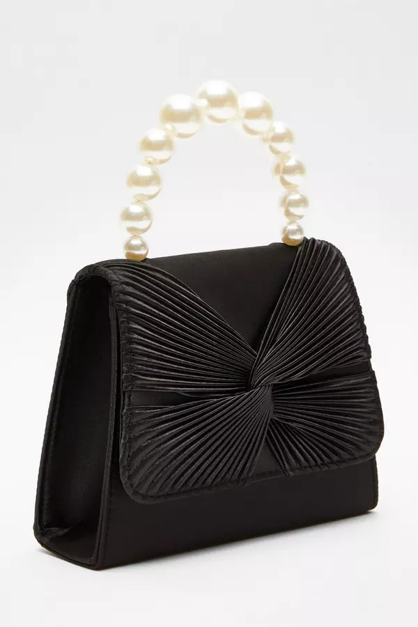 Black Satin Twist Pearl Handle Bag