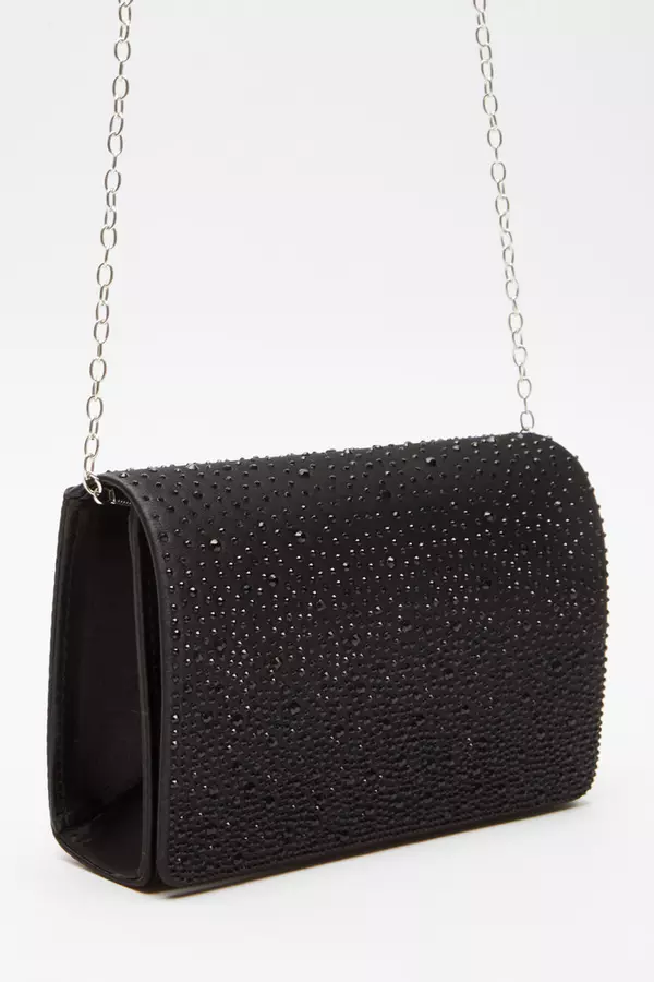 Black Satin Diamante Clutch Bag