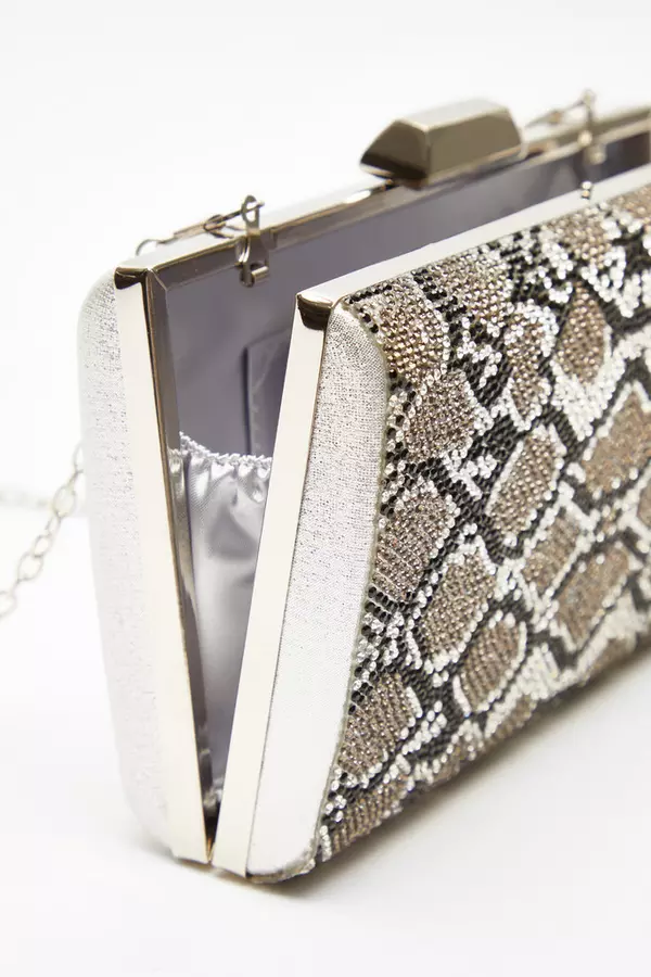 Silver Snake Print Diamante Box Bag