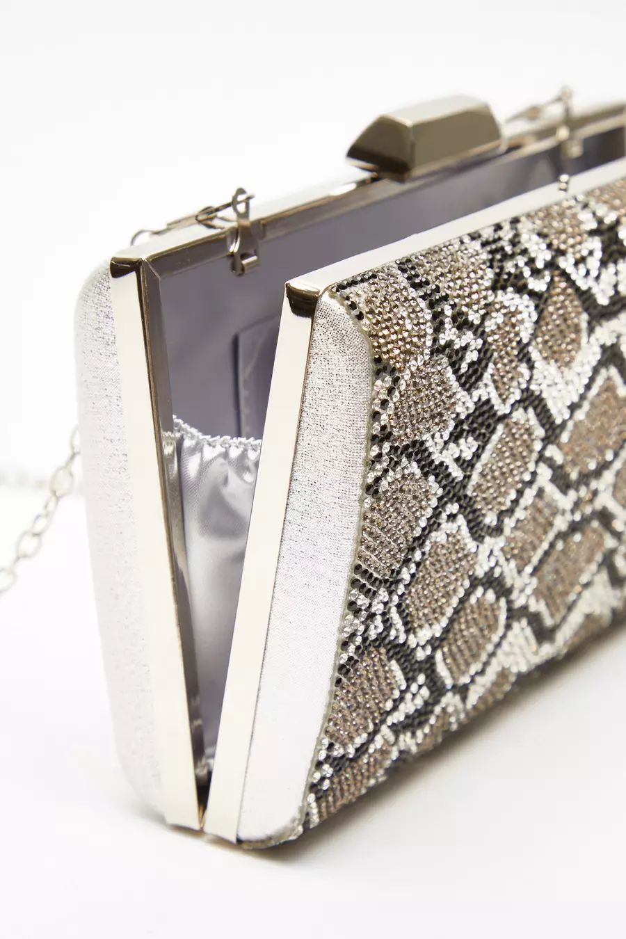 Silver Snake Print Diamante Box Bag QUIZ Clothing