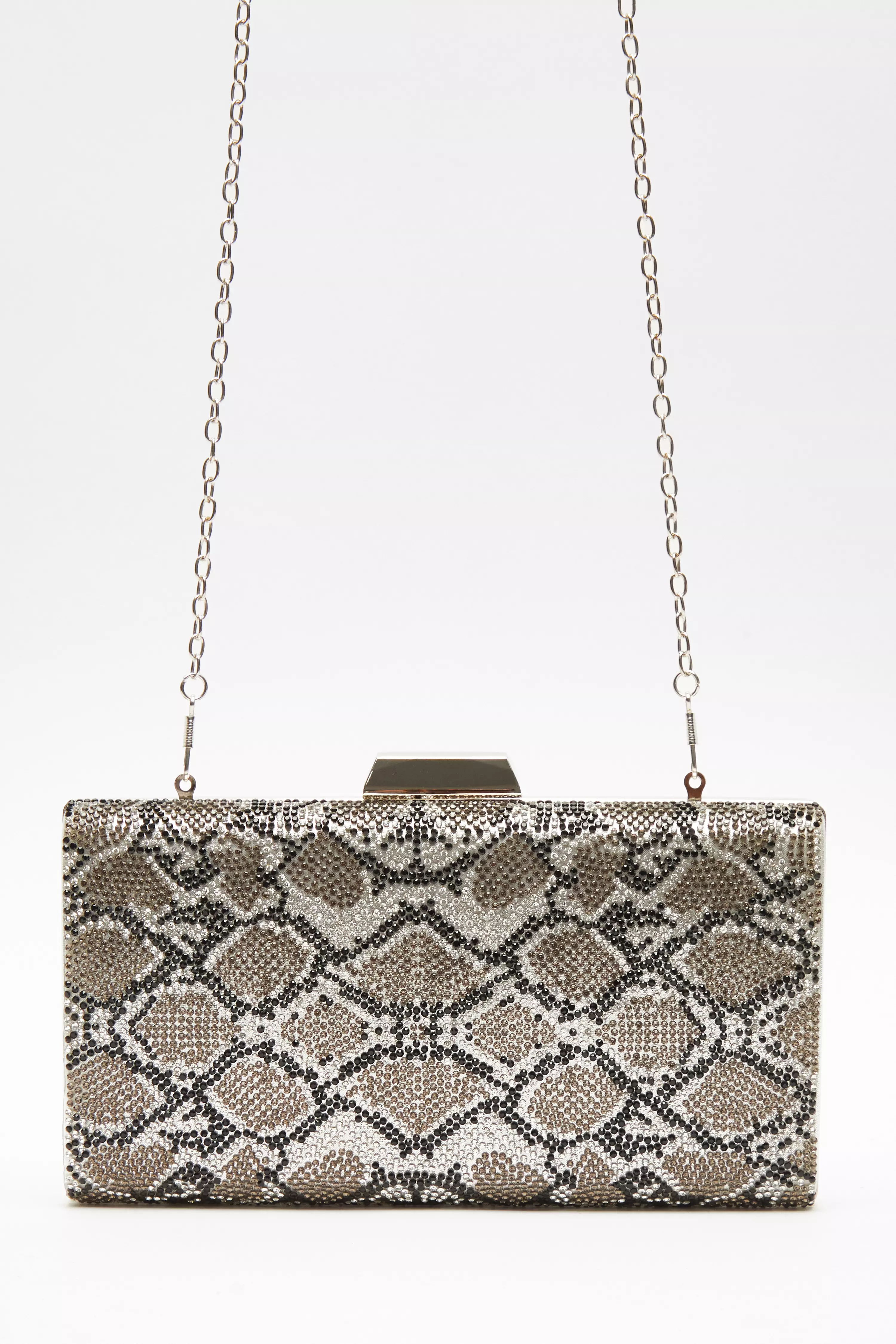 Silver Snake Print Diamante Box Bag