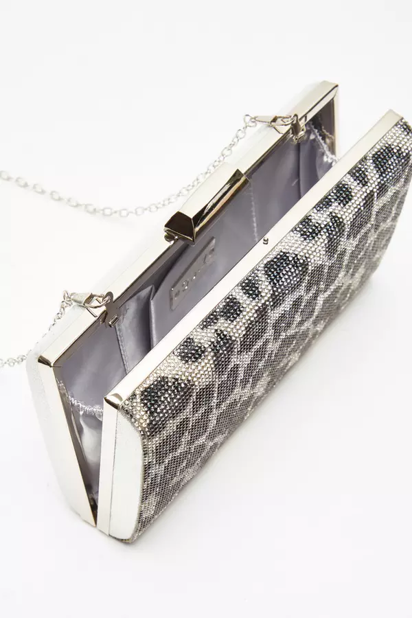 Silver Leopard Print Diamante Box Bag
