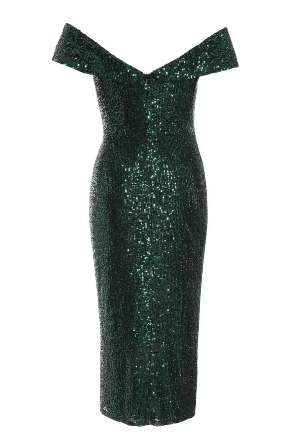 Green Sequin Bardot Split Midi Dress
