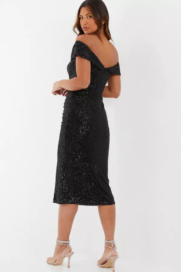 Black Sequin Bardot Split Midi Dress