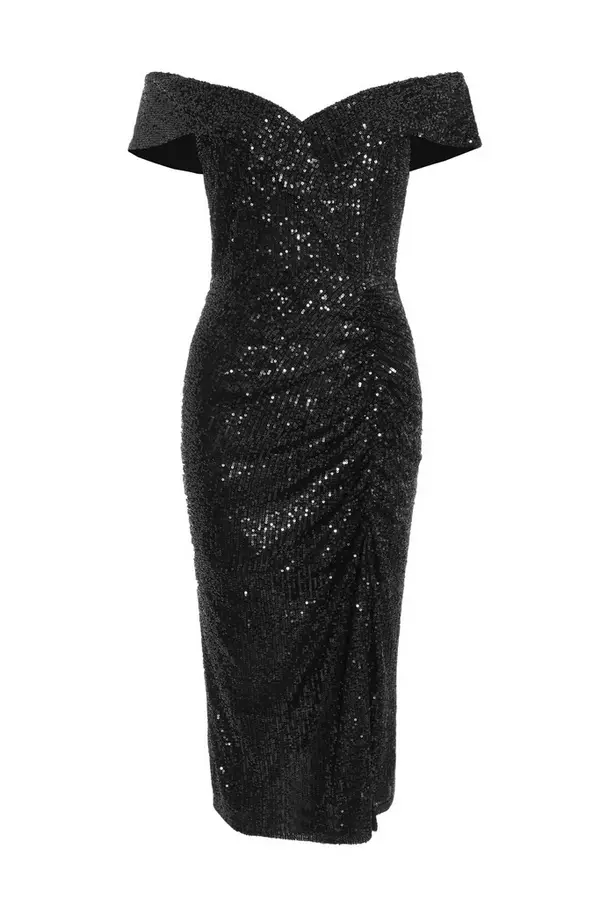 Black Sequin Bardot Split Midi Dress
