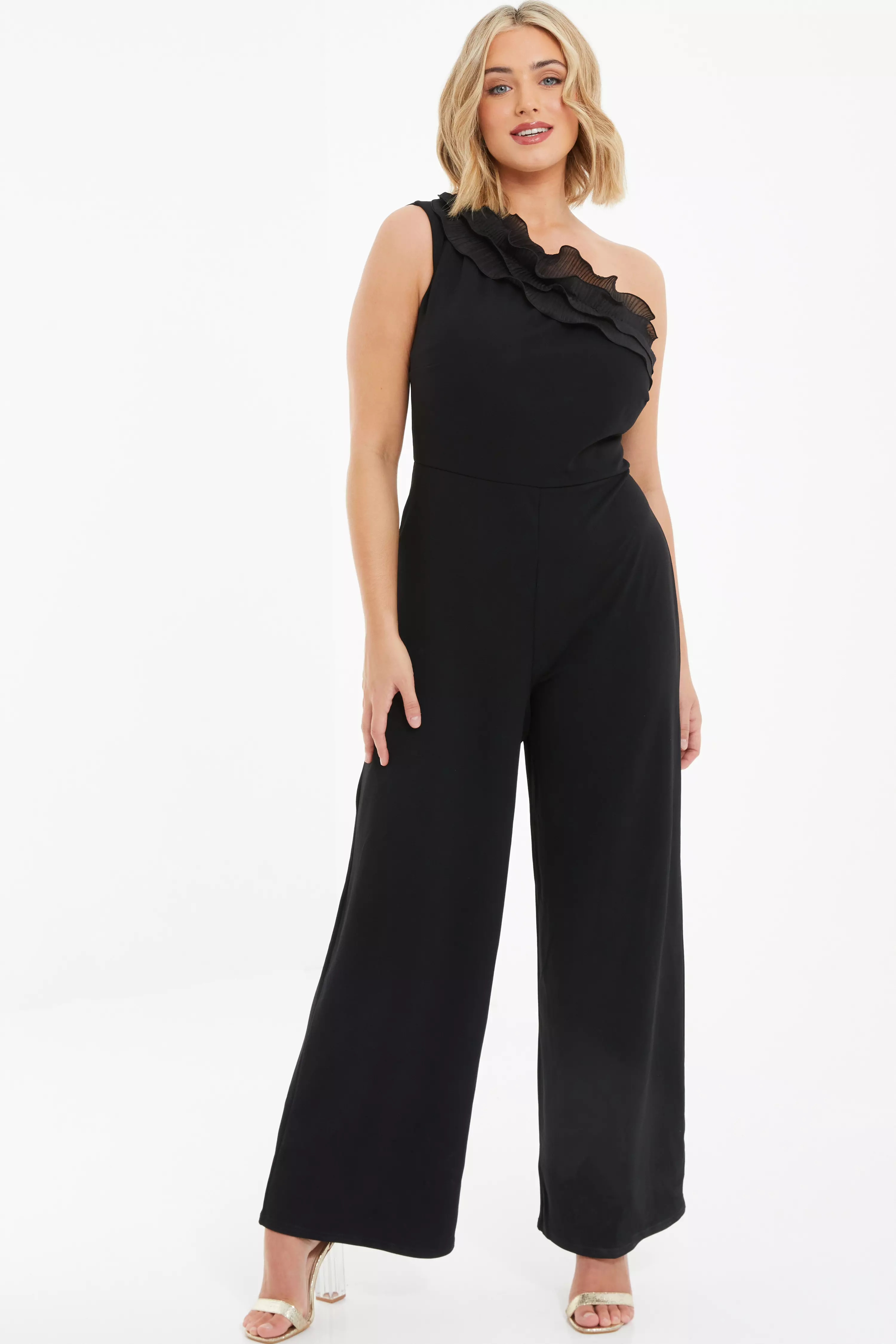 Black One Shoulder Frill Jumpsuit –