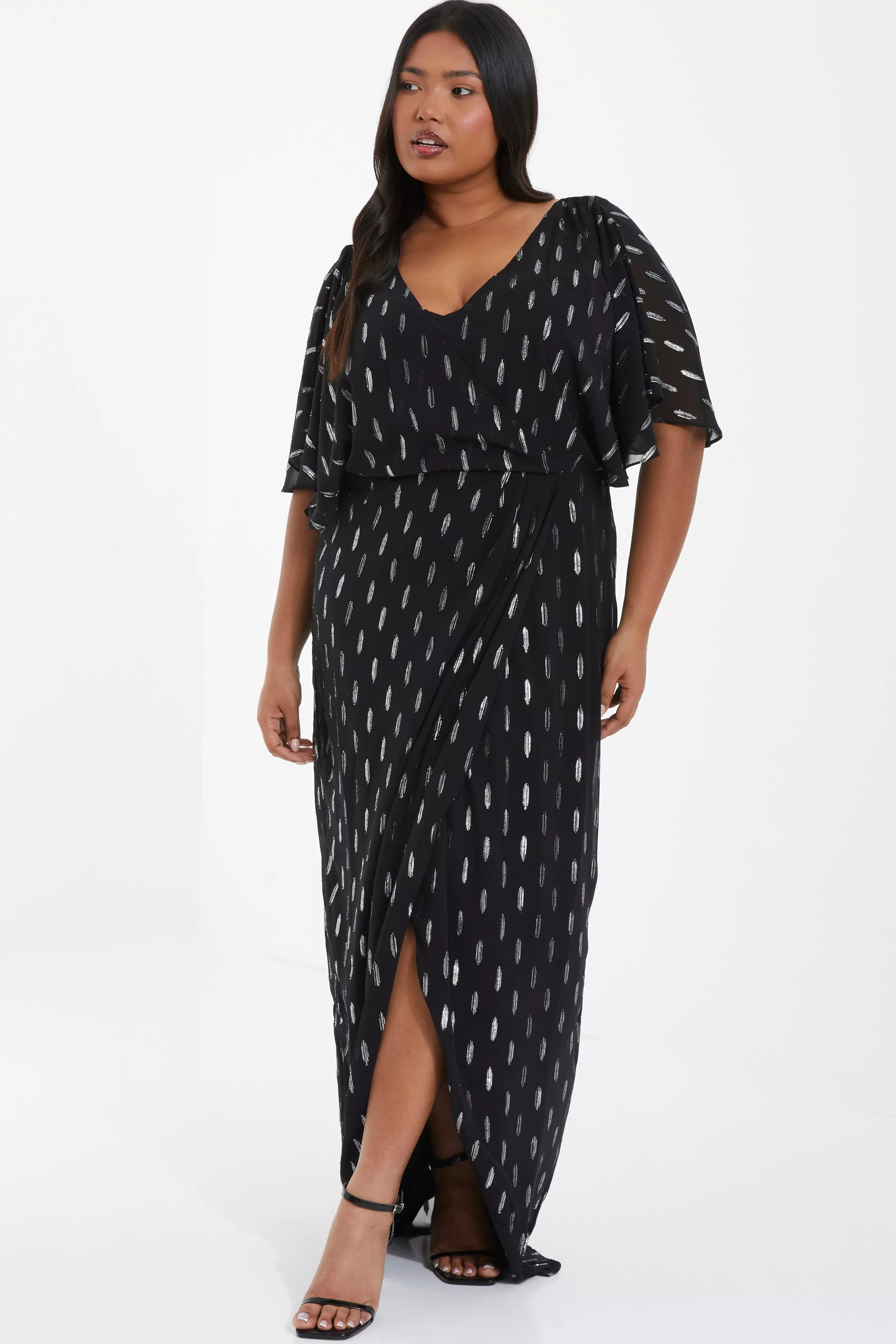 Curve Black Chiffon Foil Wrap Maxi Dress