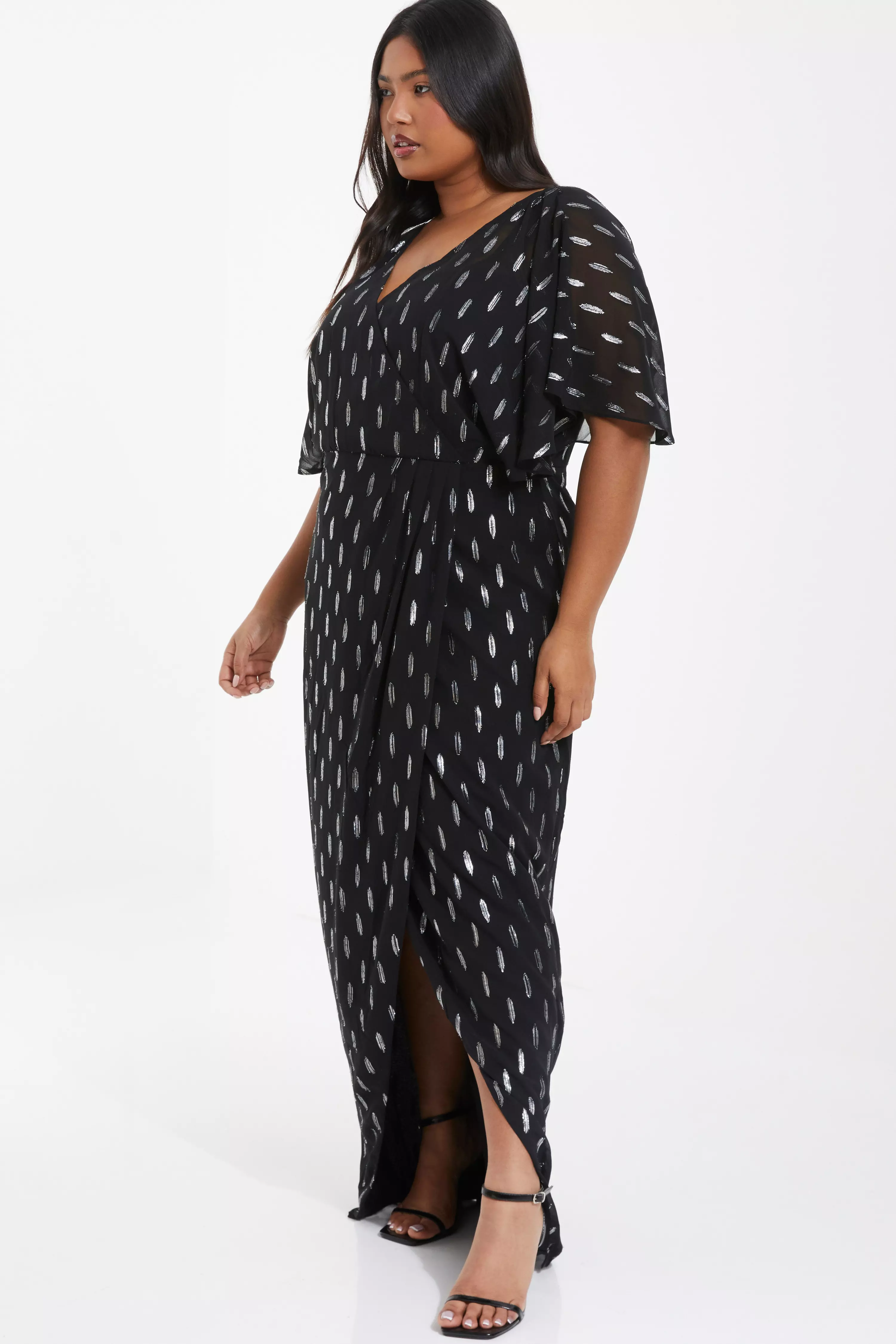 Curve Black Chiffon Foil Wrap Maxi Dress