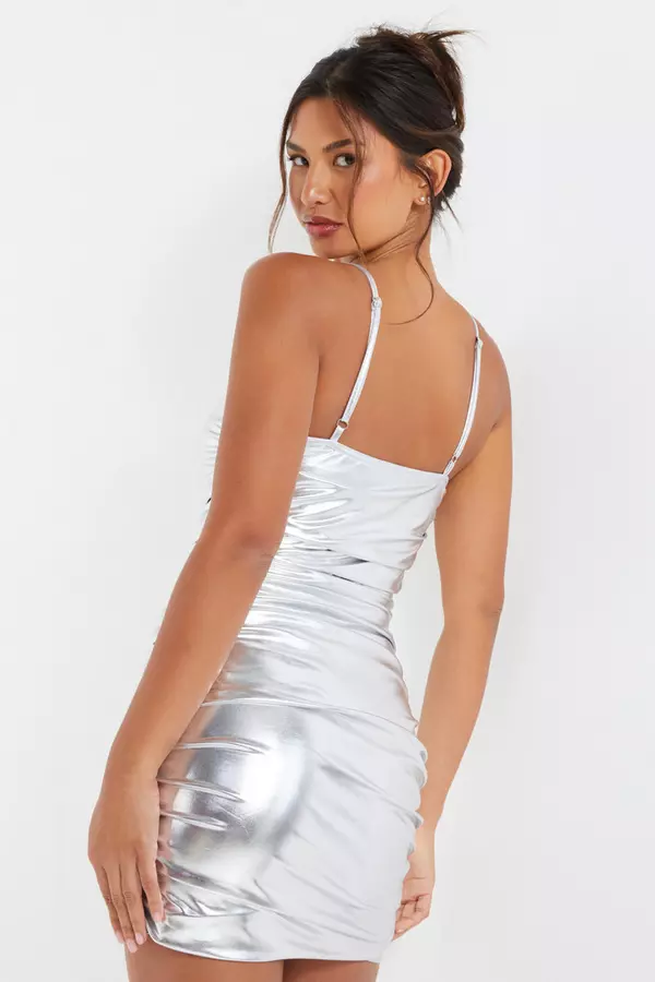 Silver Foil Ruched Bodycon Mini Dress