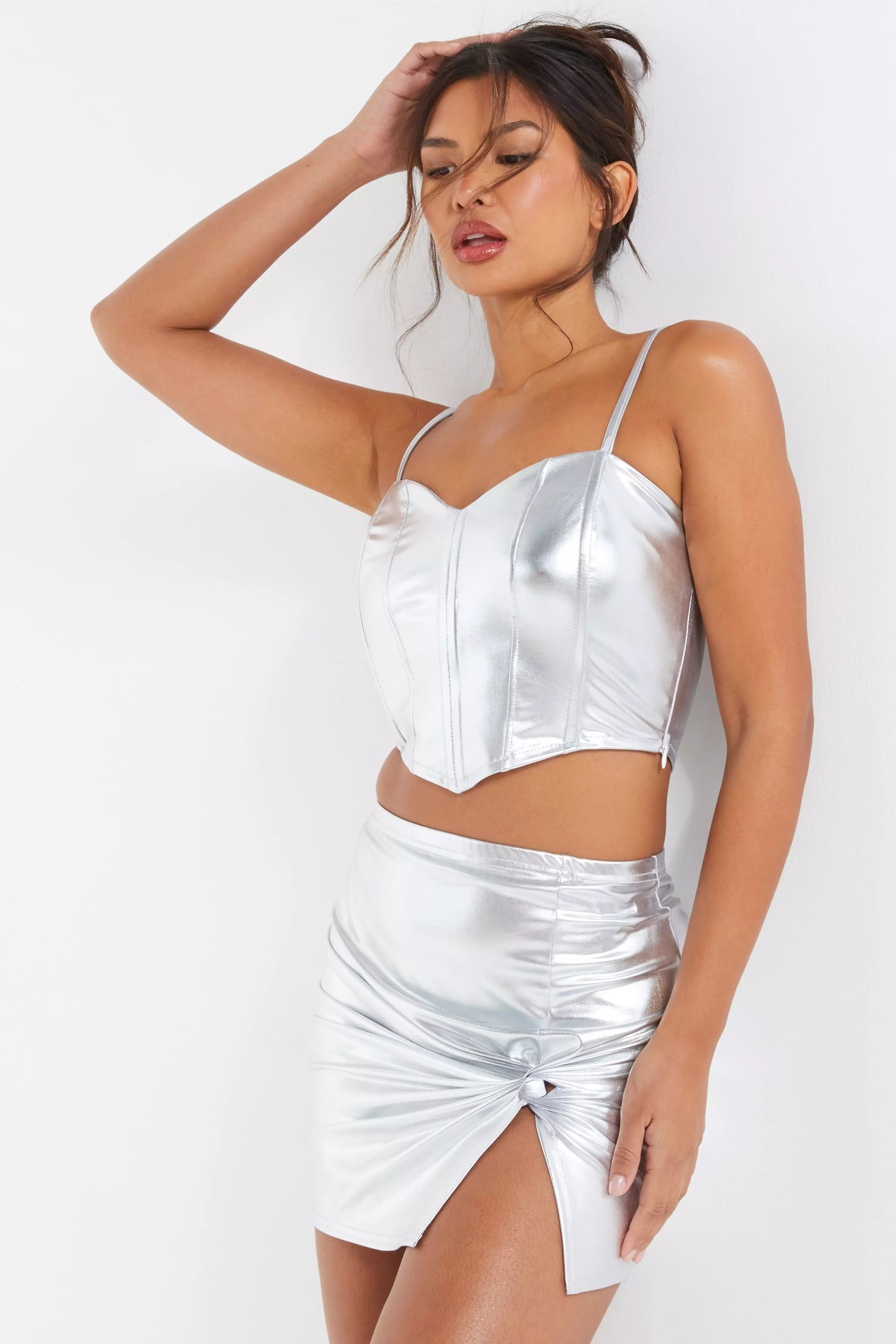 Silver Foil Knot Front Mini Skirt