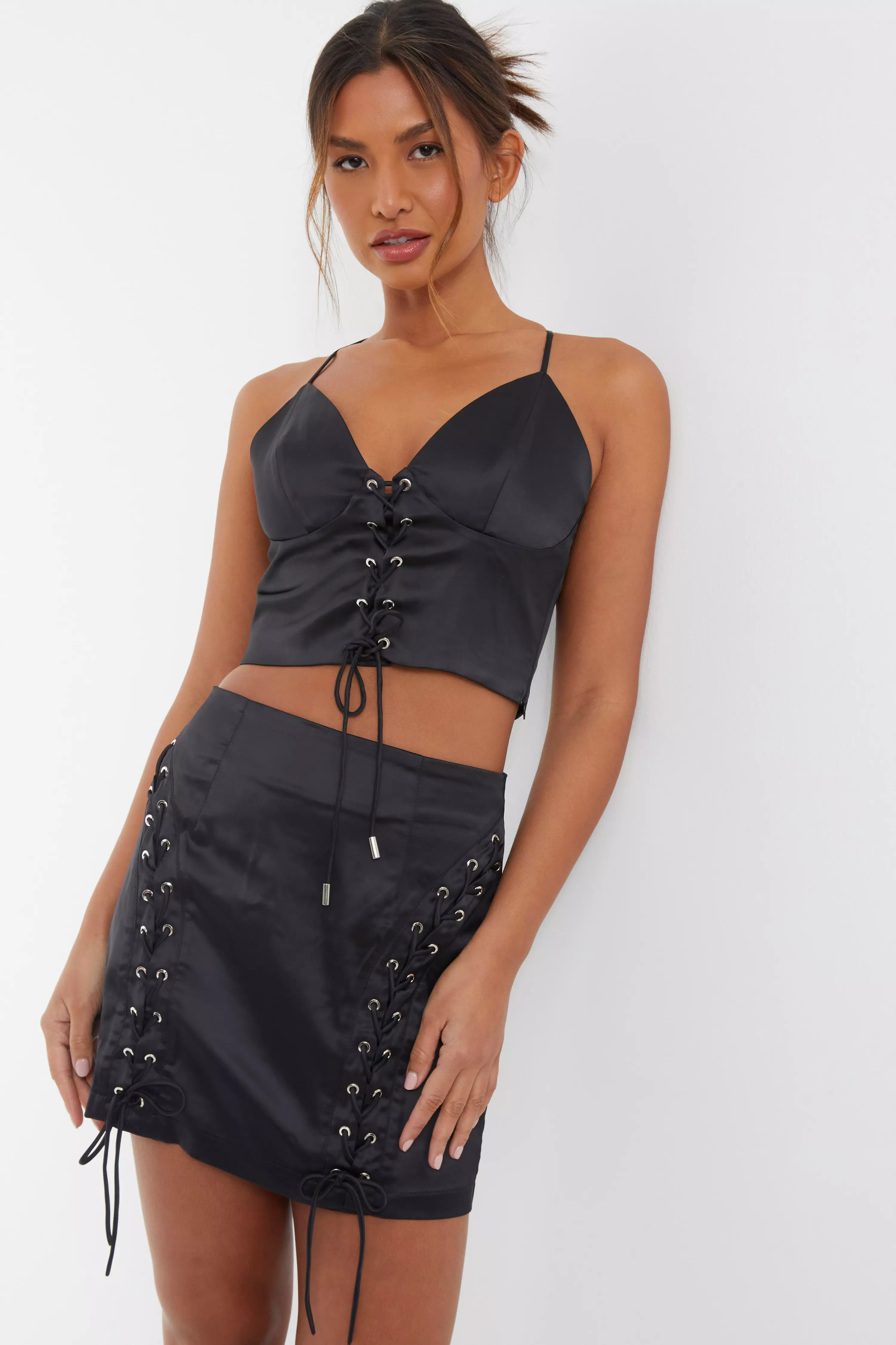 Black Satin Lace Up Crop Top